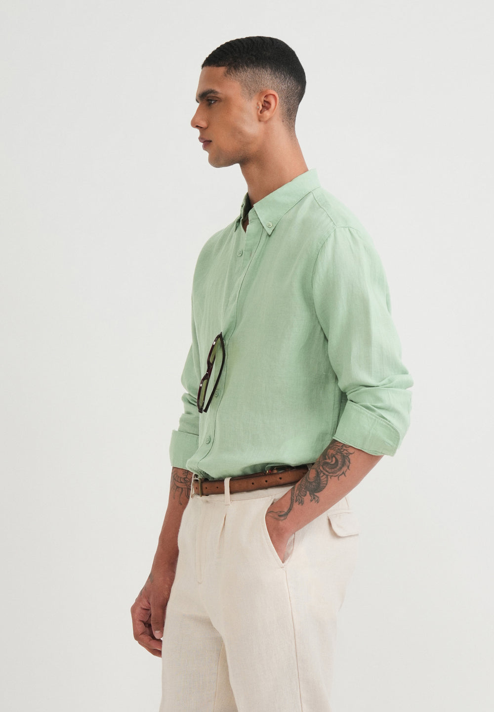 100% Pure Linen Green Shirt