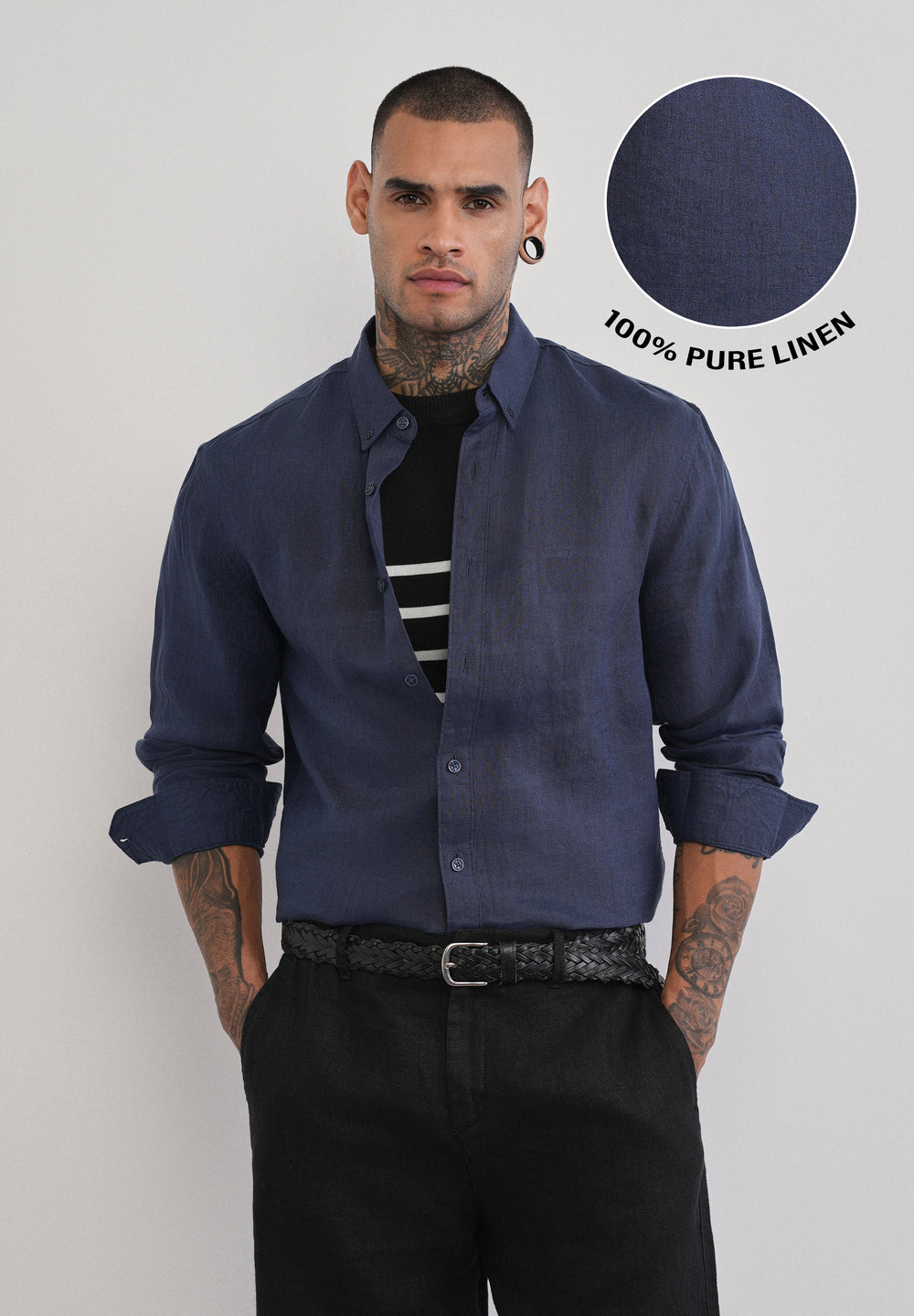 100% Pure Linen Navy Blue Plain Shirt