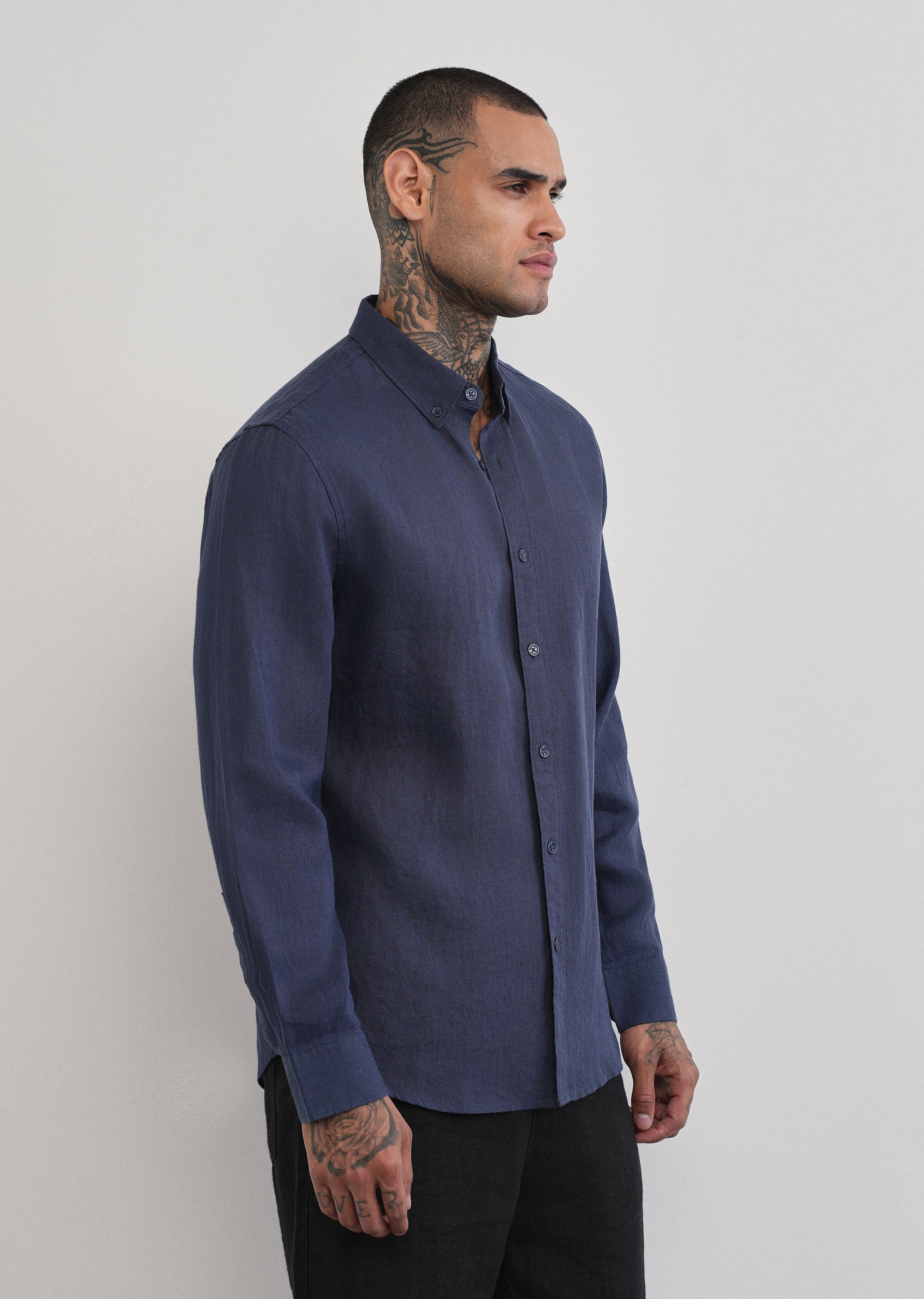 100% Pure Linen Navy Blue Plain Shirt