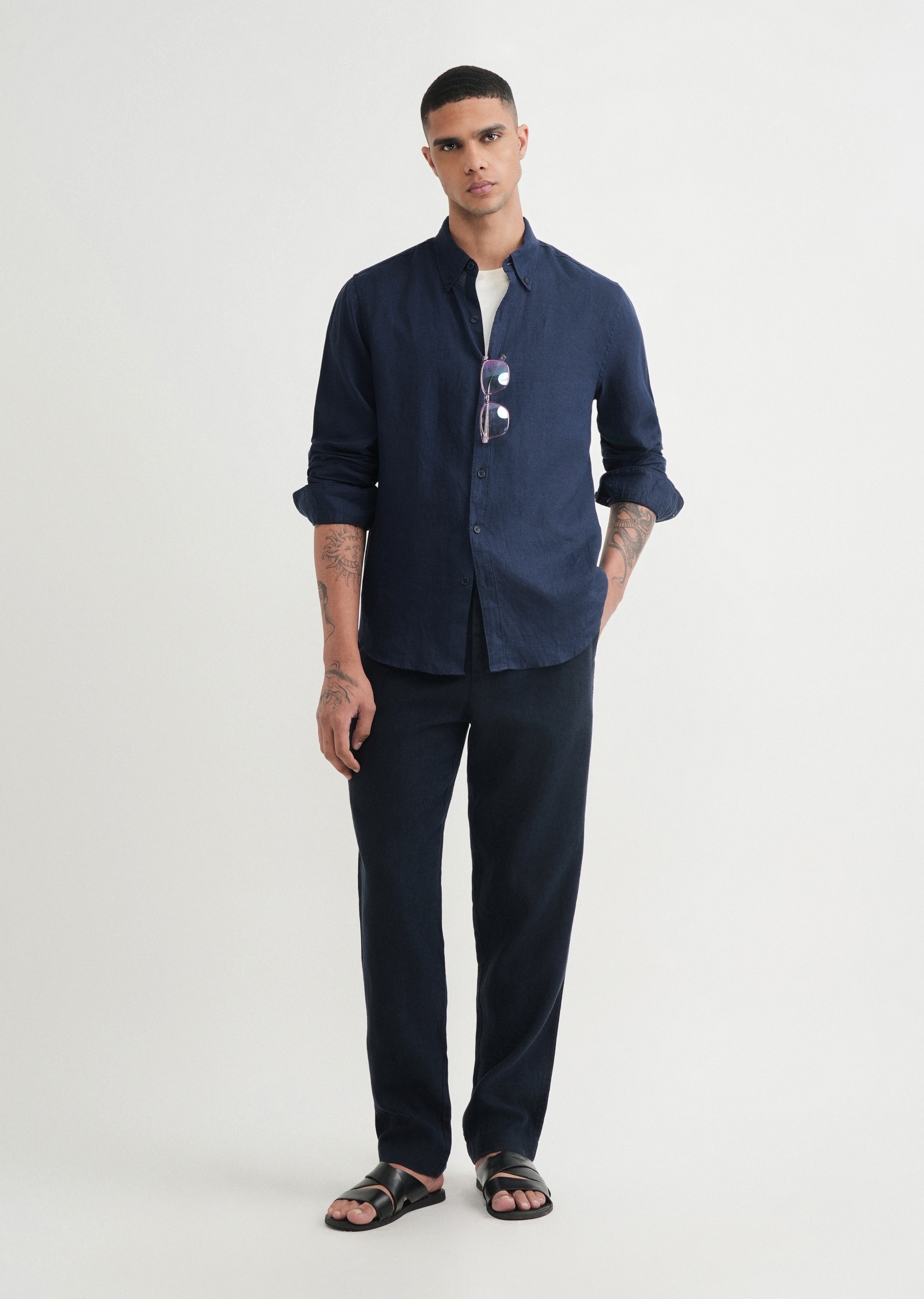 100% Pure Linen Navy Blue Shirt