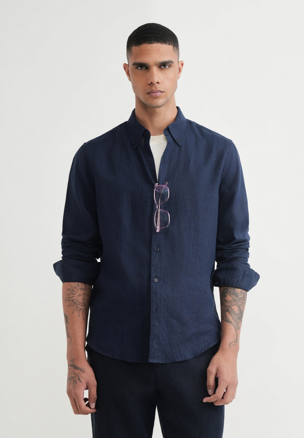 100% Pure Linen Navy Blue Shirt