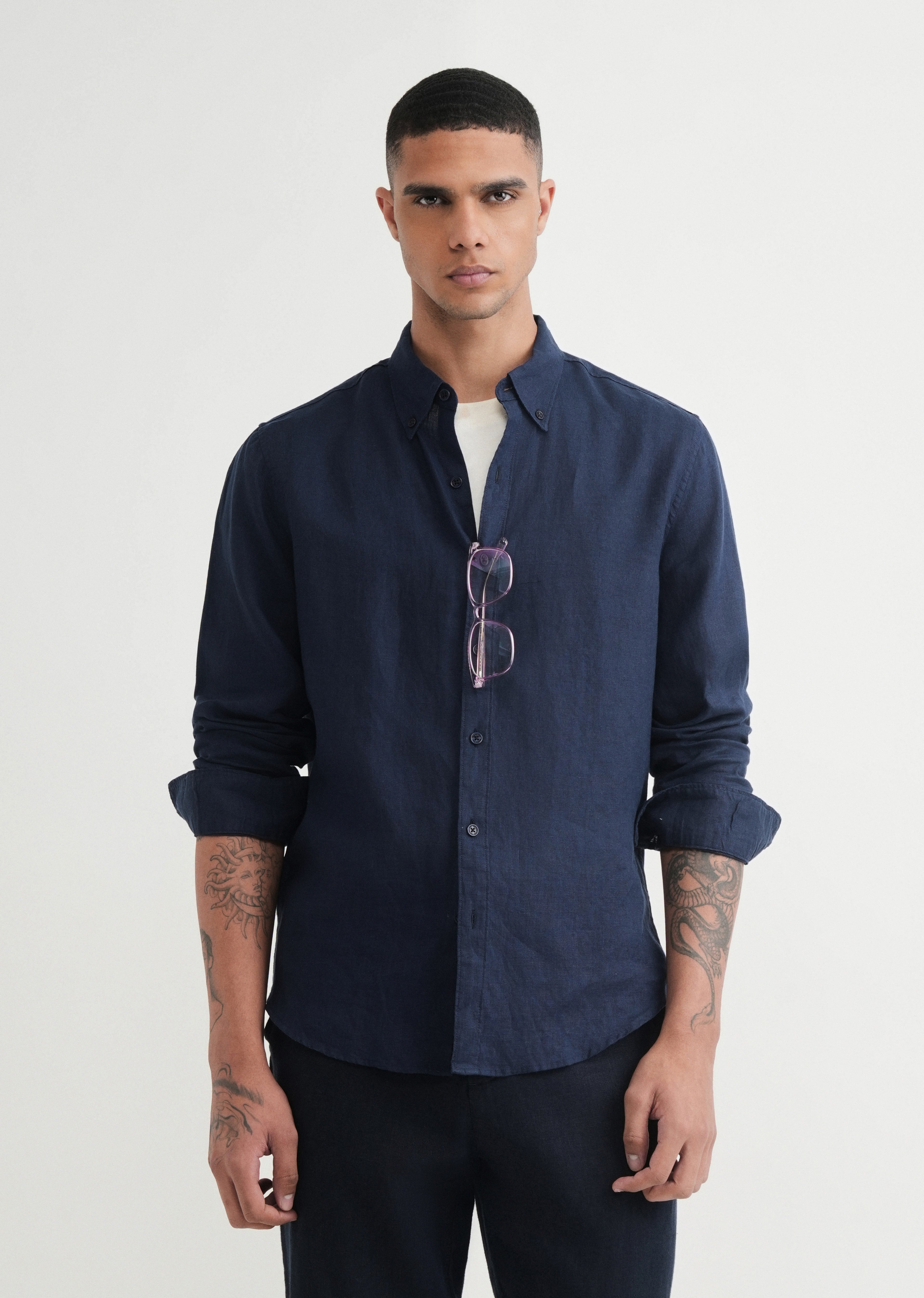 100% Pure Linen Navy Blue Shirt
