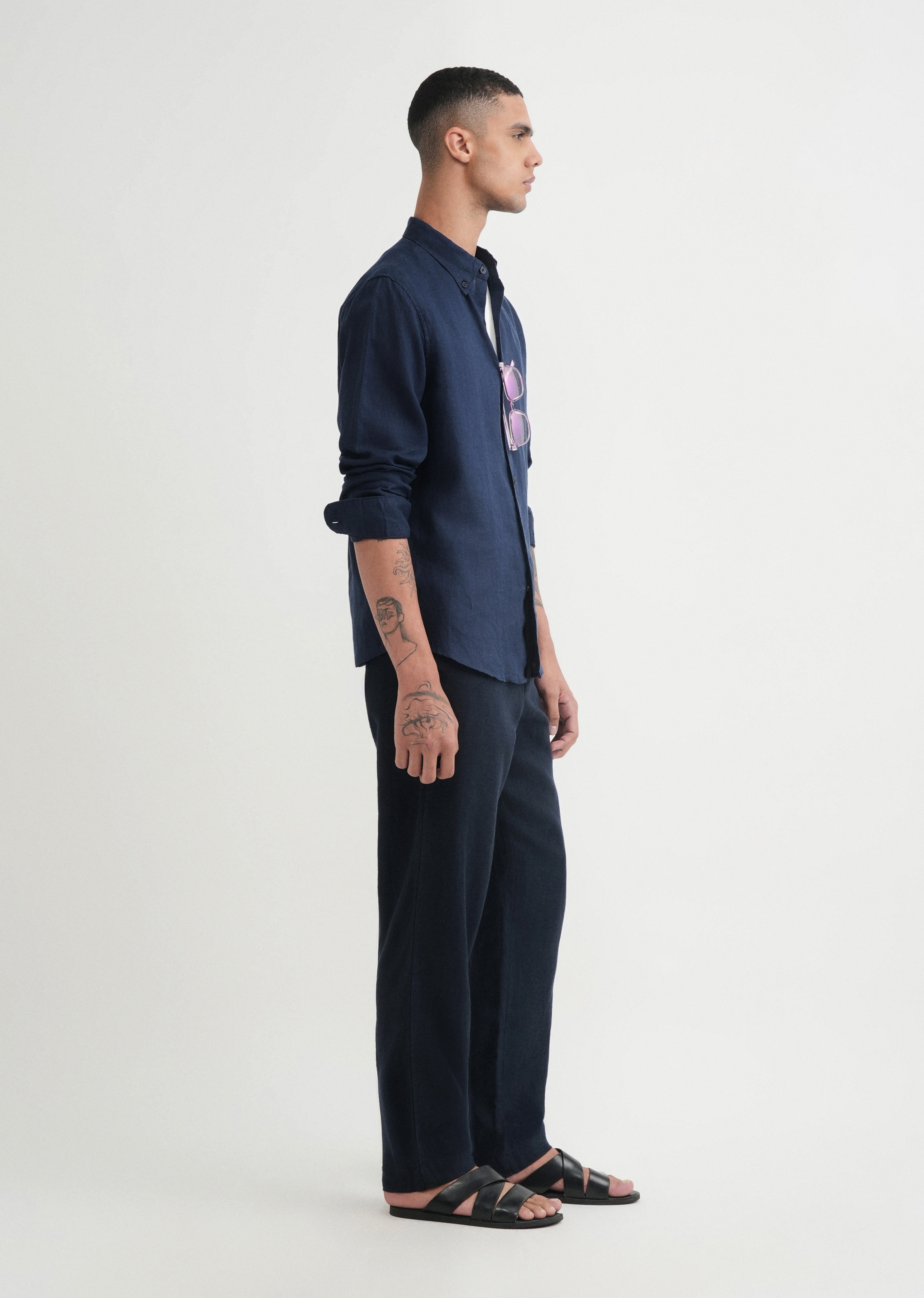 100% Pure Linen Navy Blue Shirt