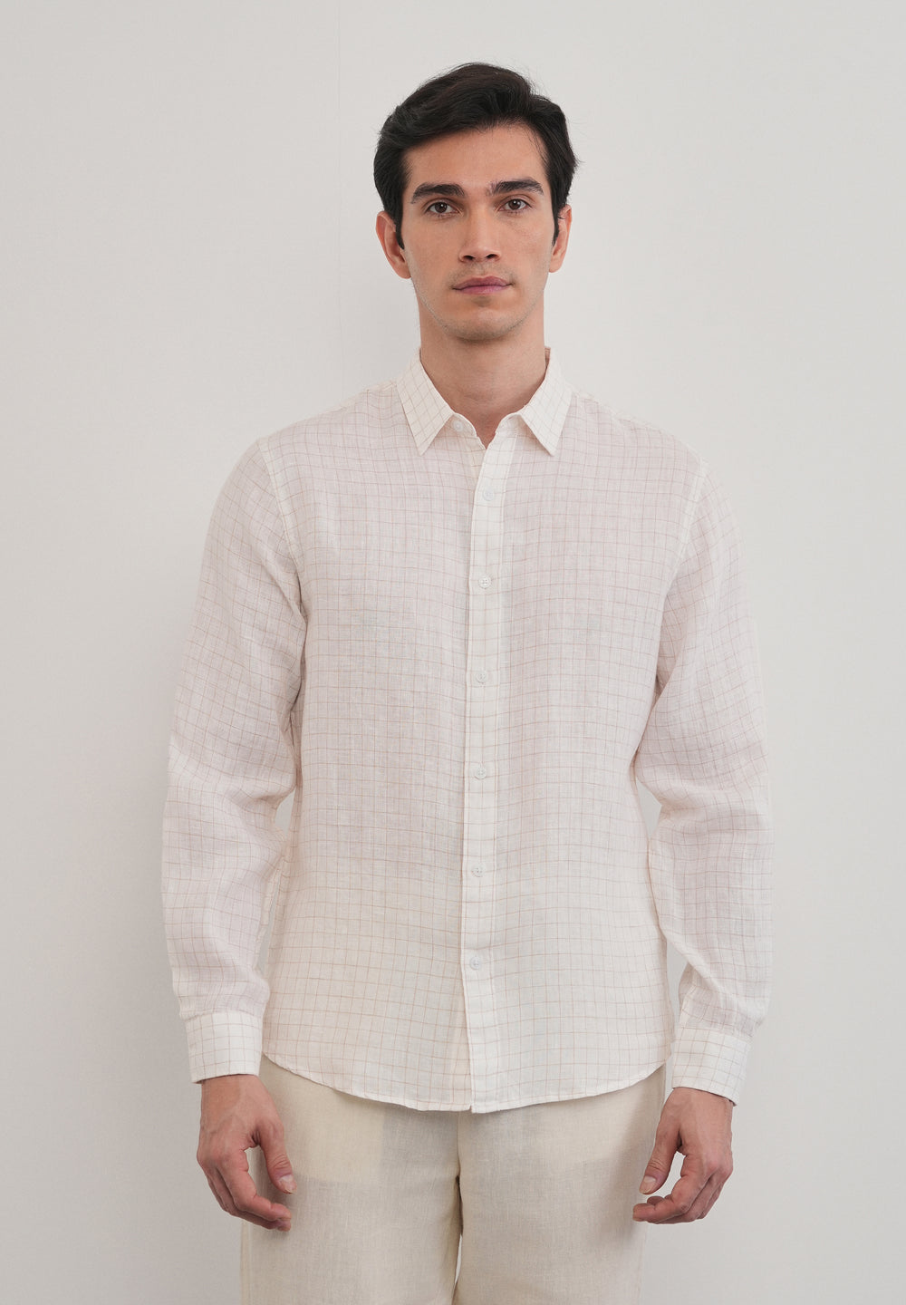 100% Pure Linen Off-White Check Shirt