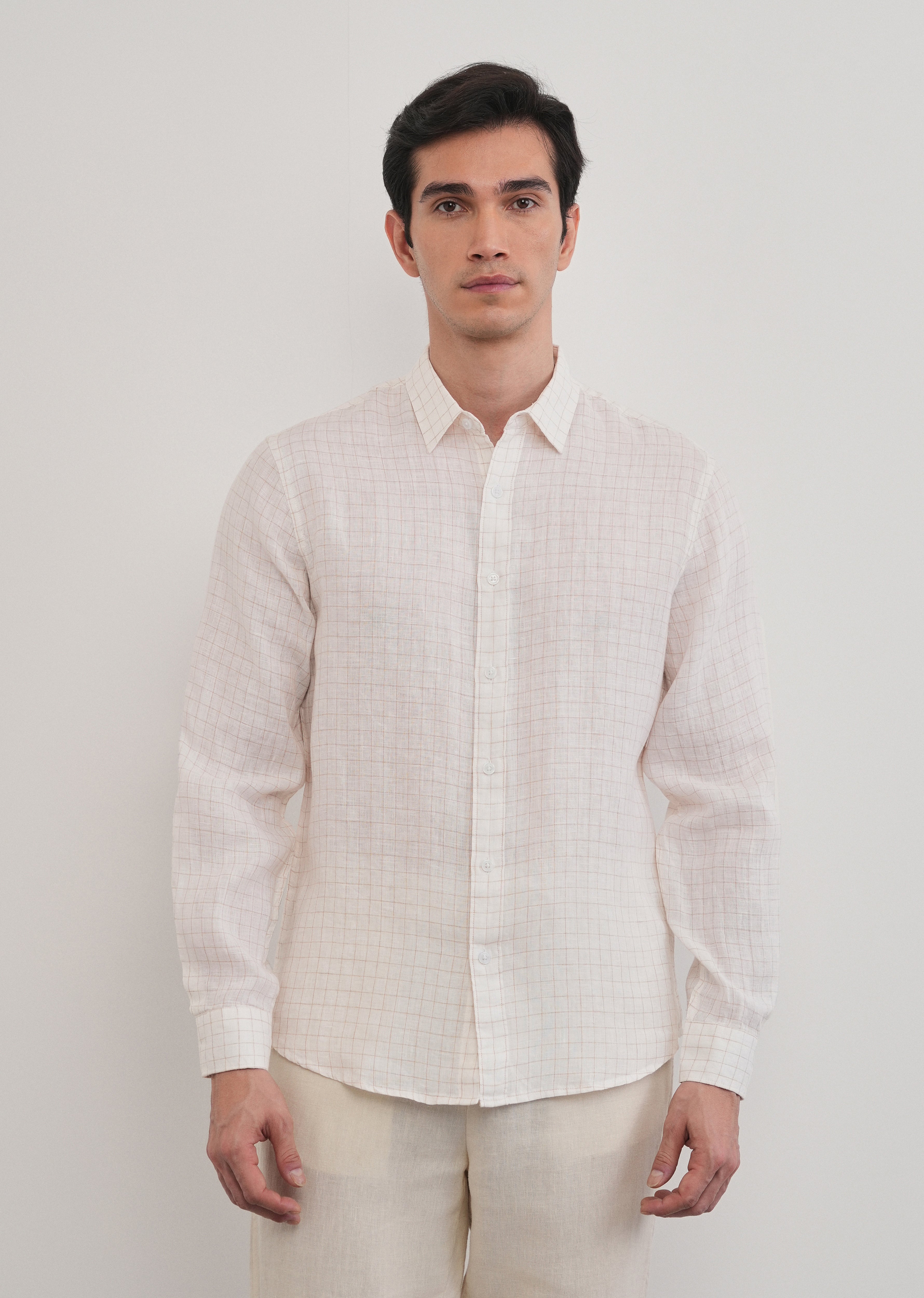 100% Pure Linen Off-White Check Shirt