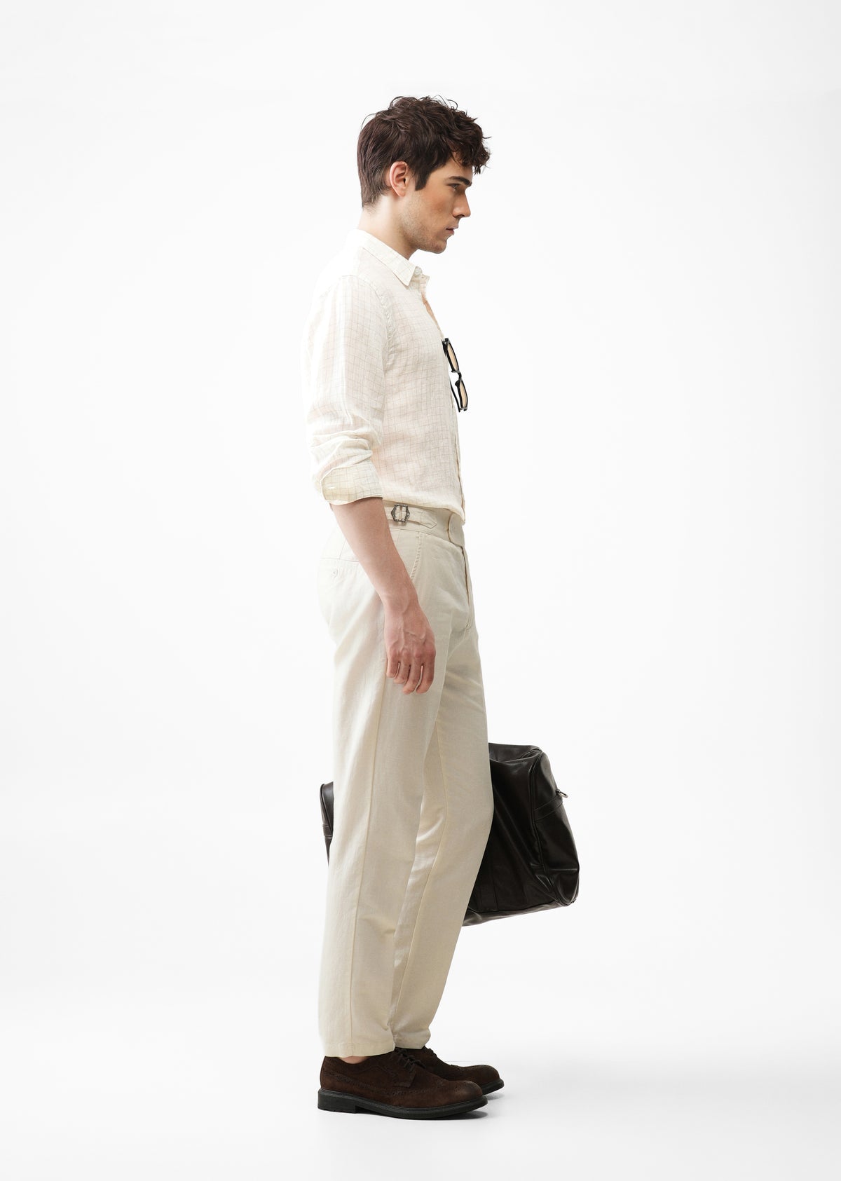 100% Pure Linen Off-White Check Shirt