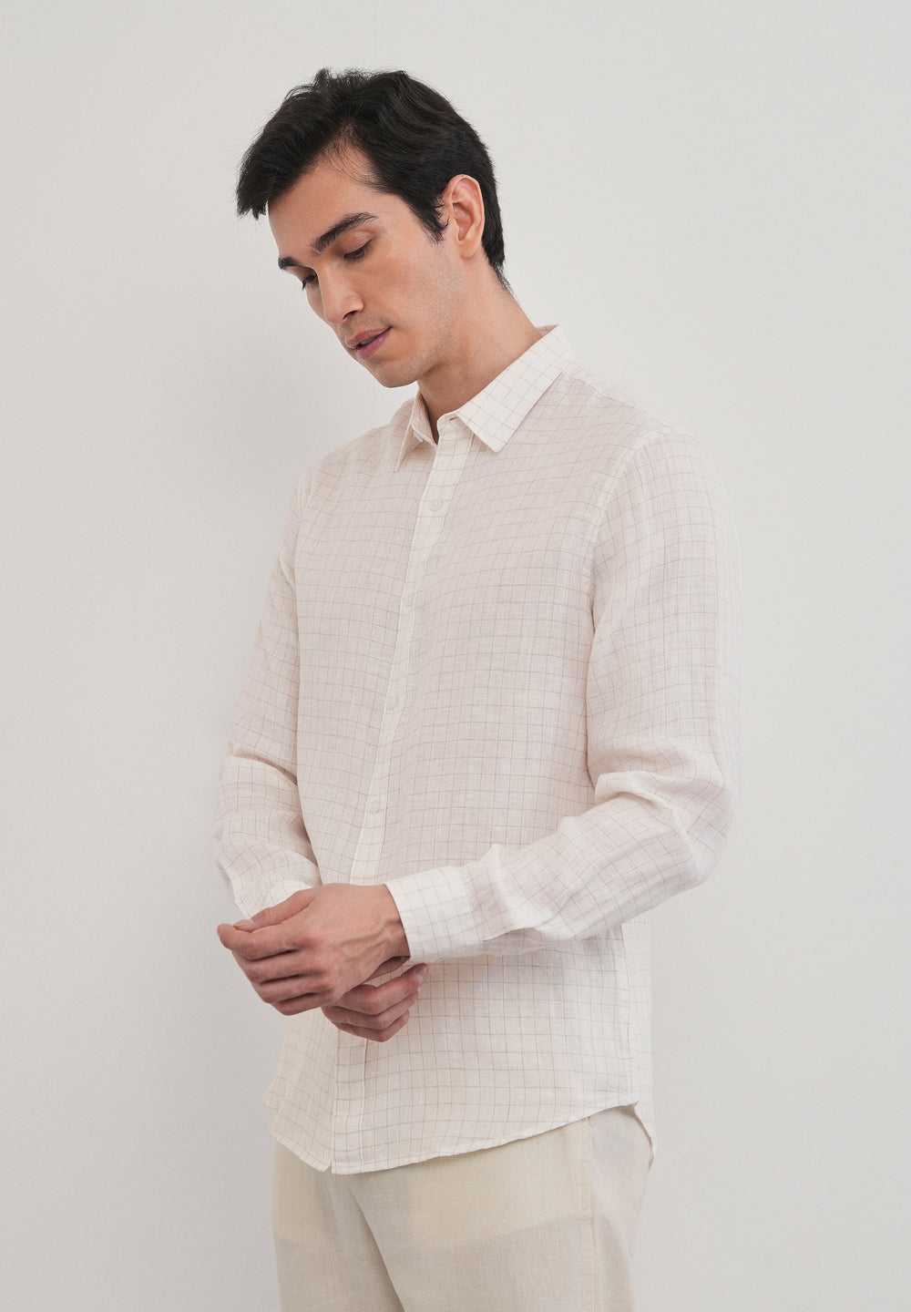 100% Pure Linen Off-White Check Shirt