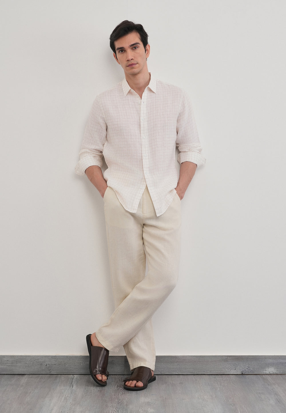 100% Pure Linen Off-White Check Shirt