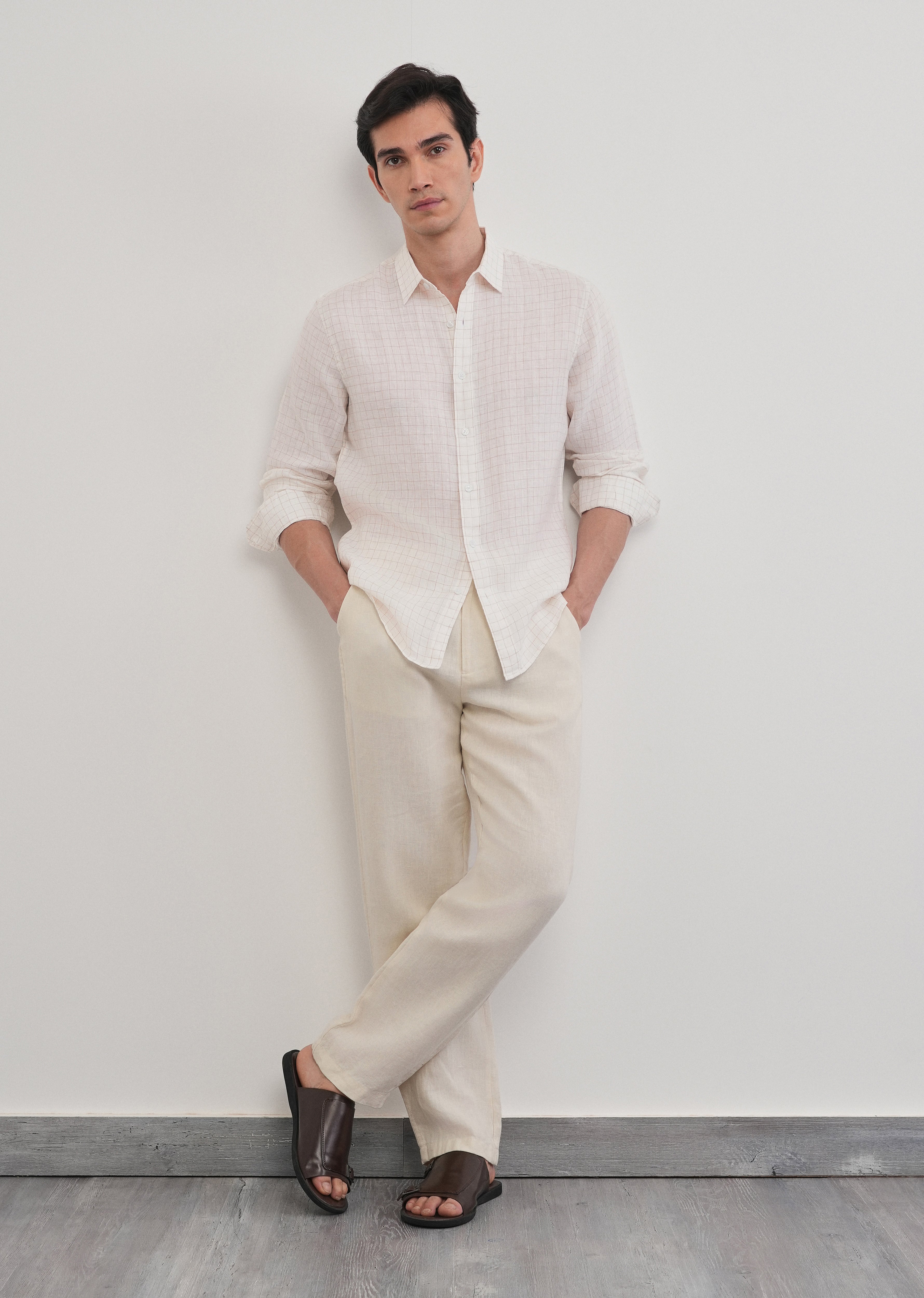 100% Pure Linen Off-White Check Shirt