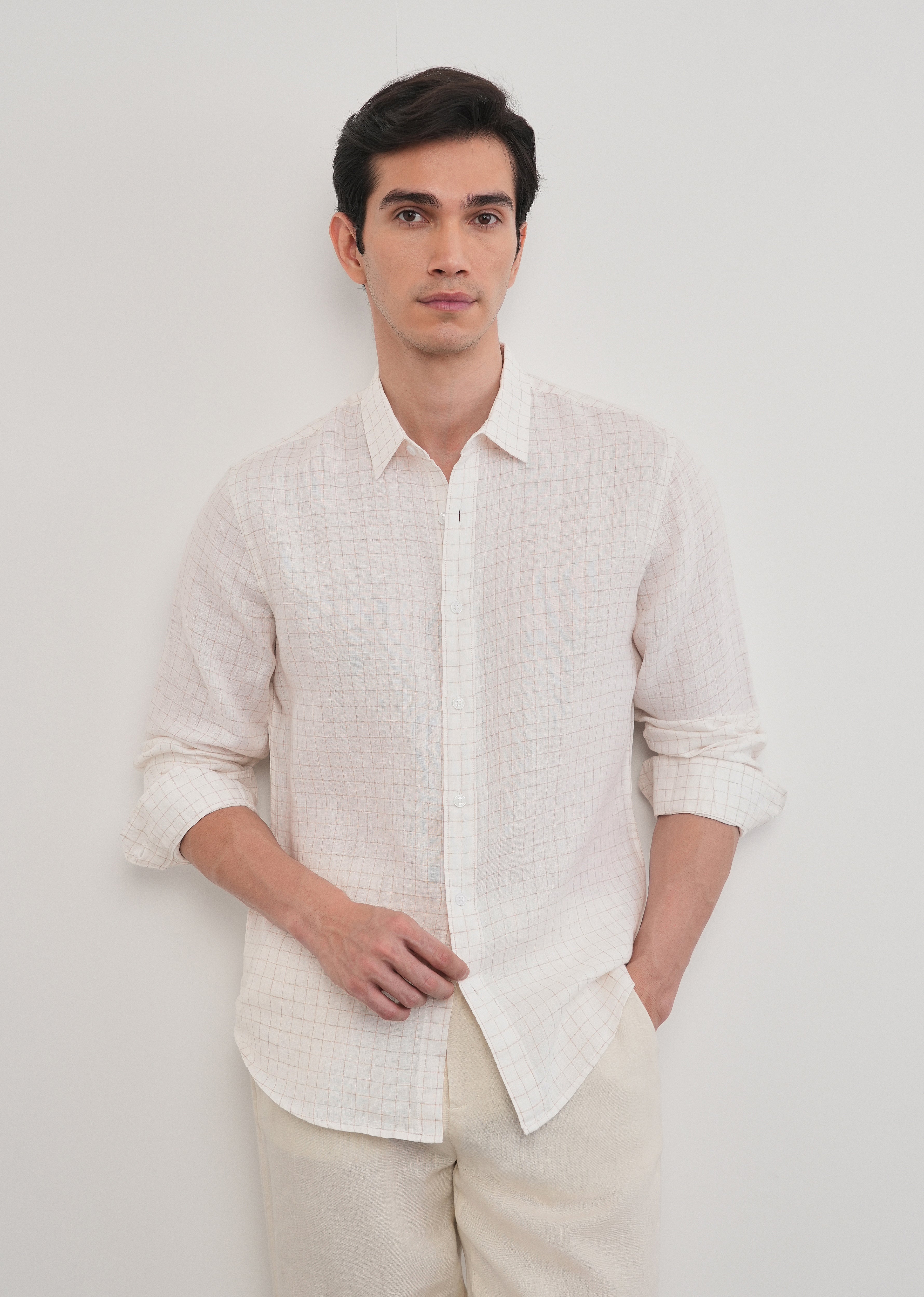 100% Pure Linen Off-White Check Shirt
