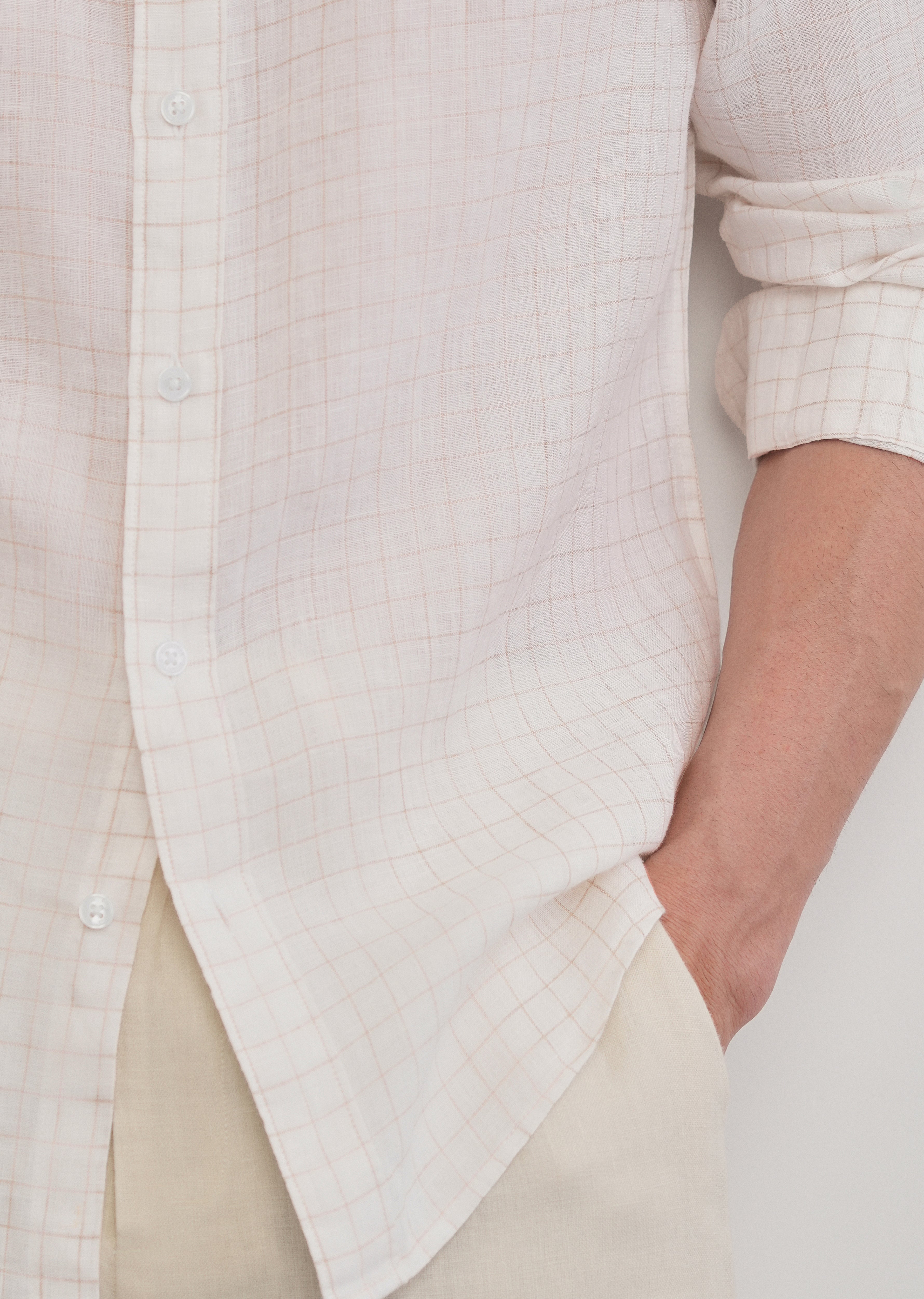 100% Pure Linen Off-White Check Shirt