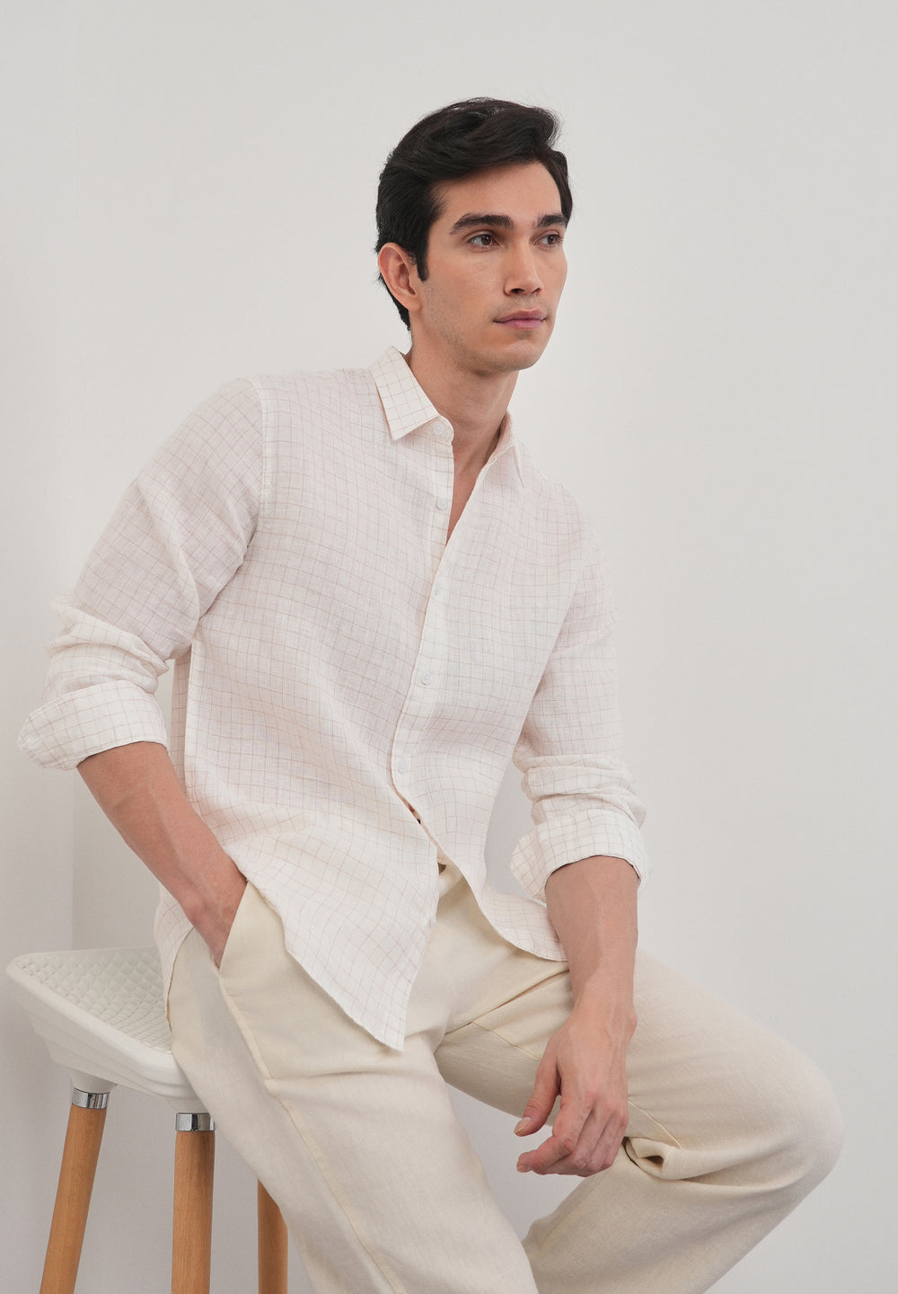 100% Pure Linen Off-White Check Shirt