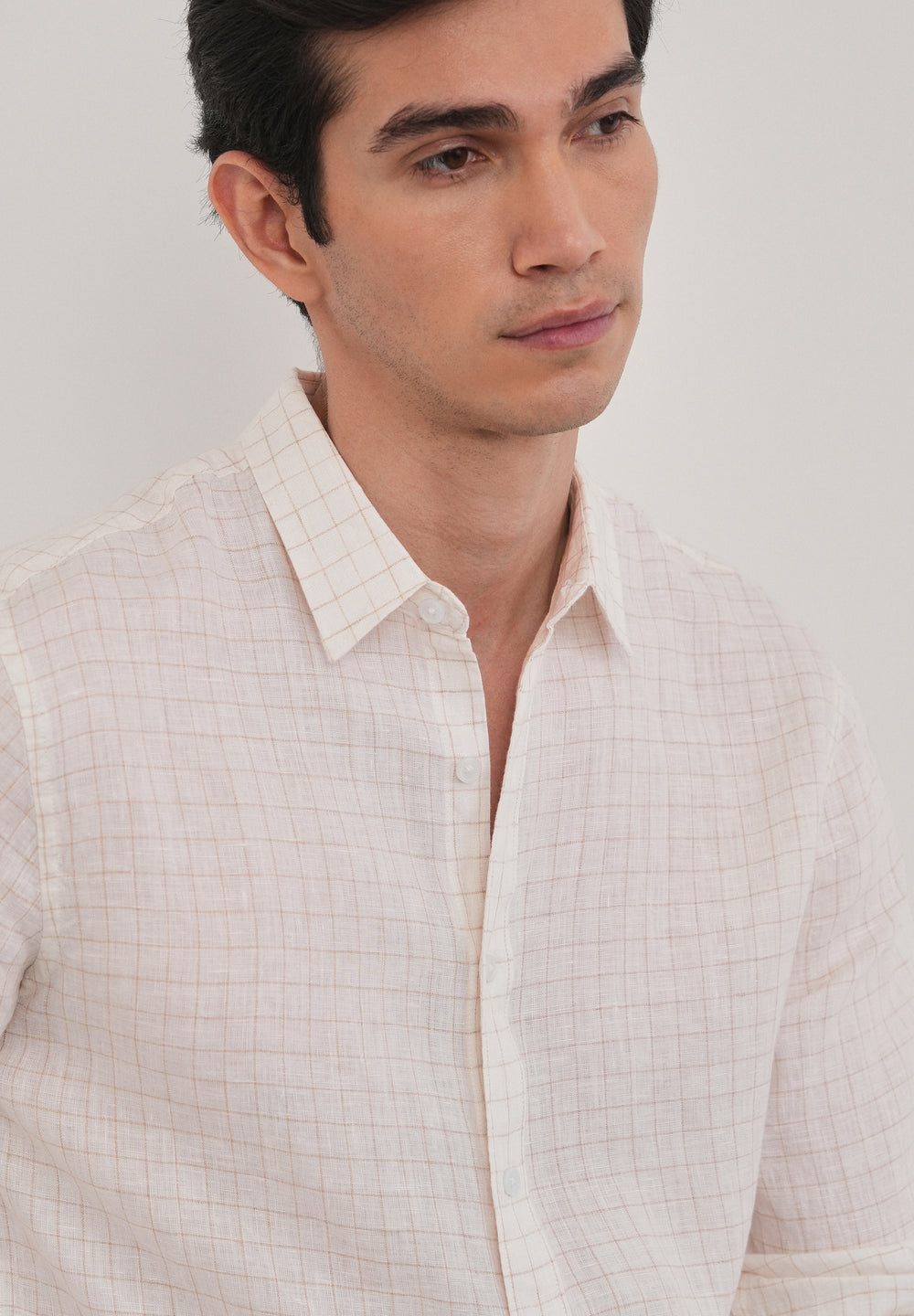 100% Pure Linen Off-White Check Shirt