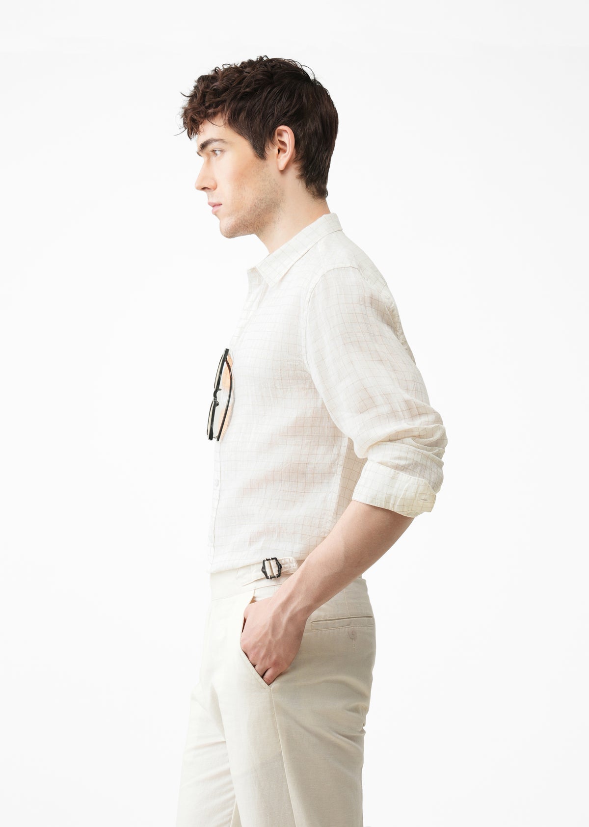 100% Pure Linen Off-White Check Shirt