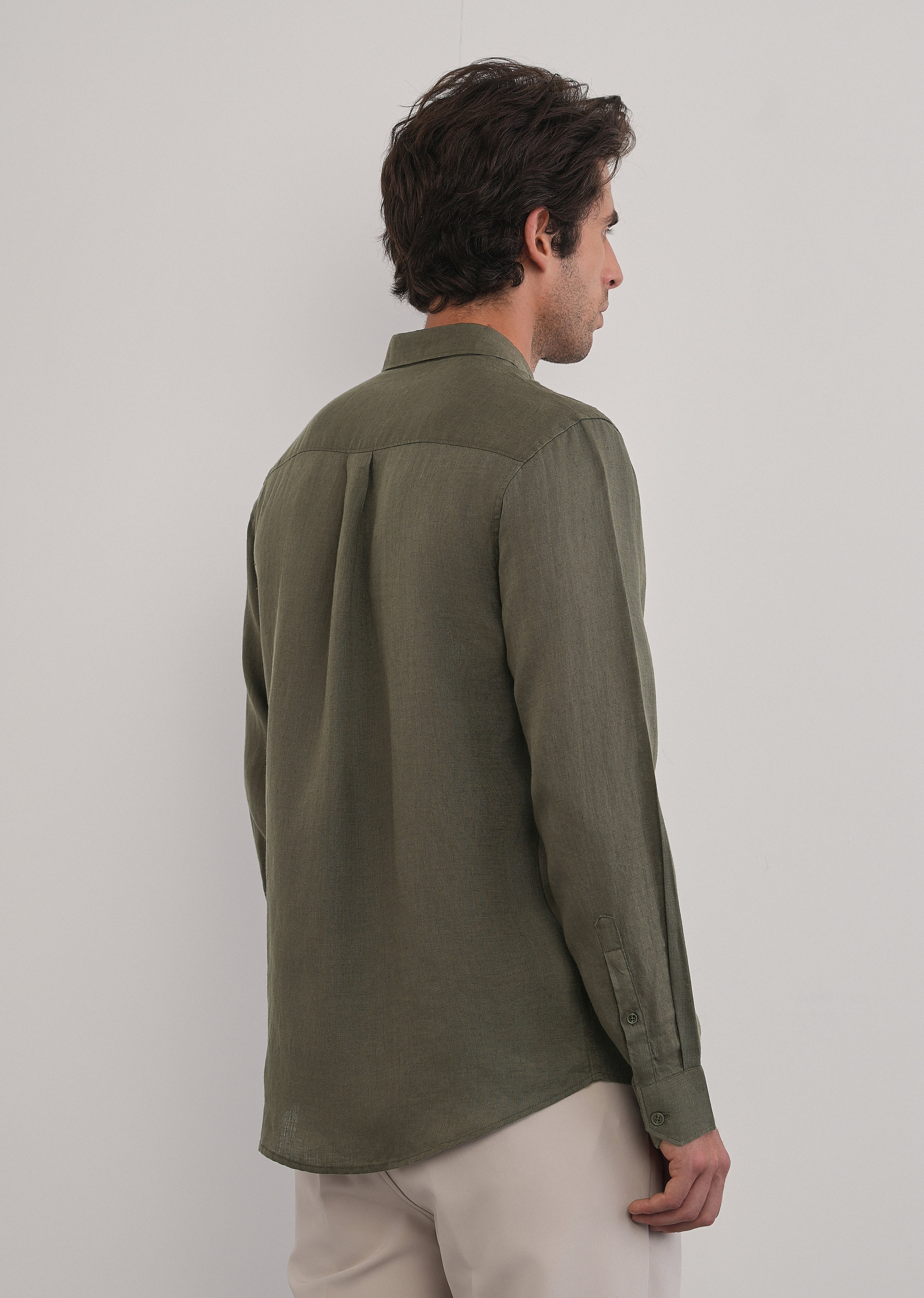 100% Pure Linen Olive Green Plain Shirt
