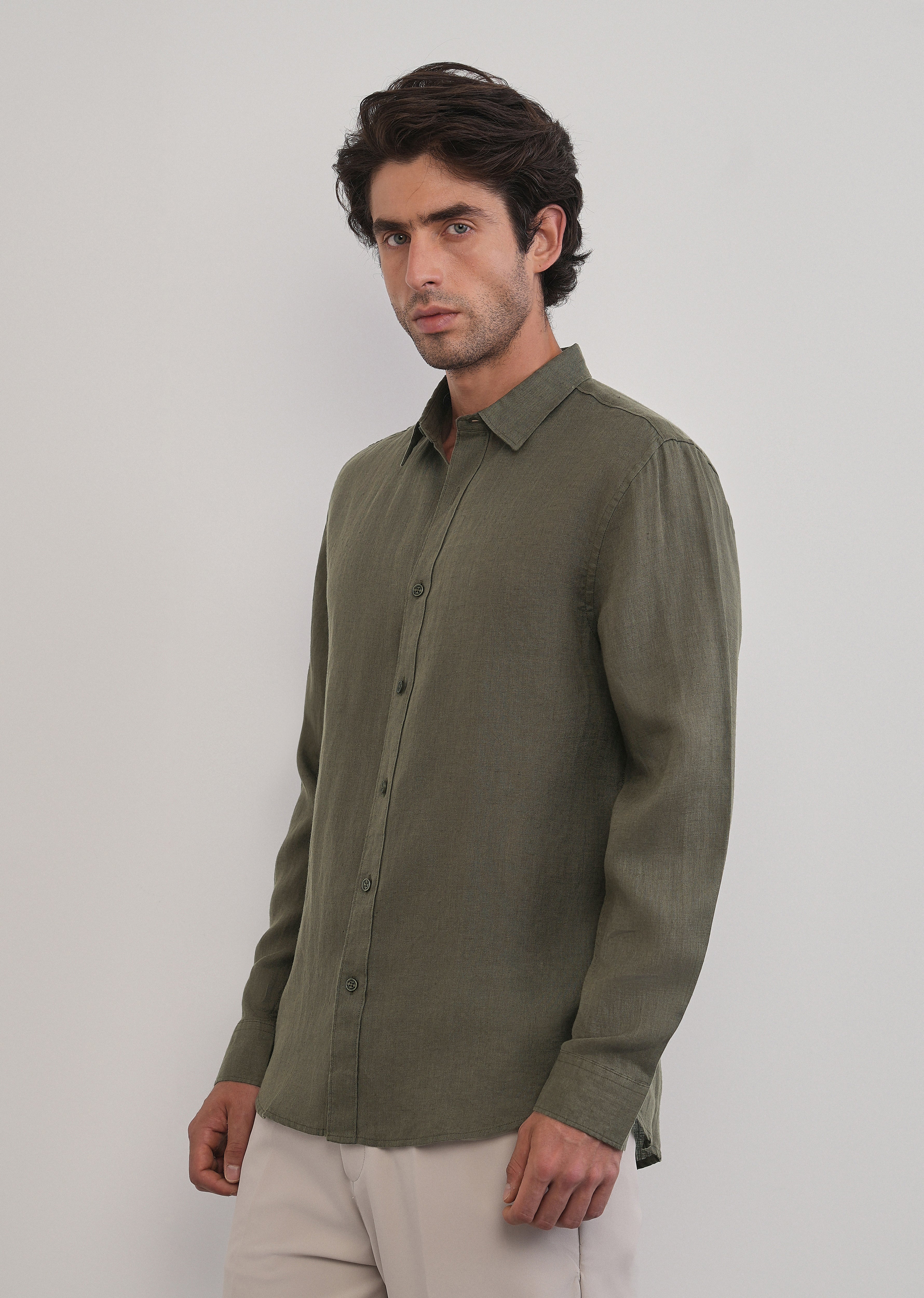 100% Pure Linen Olive Green Plain Shirt