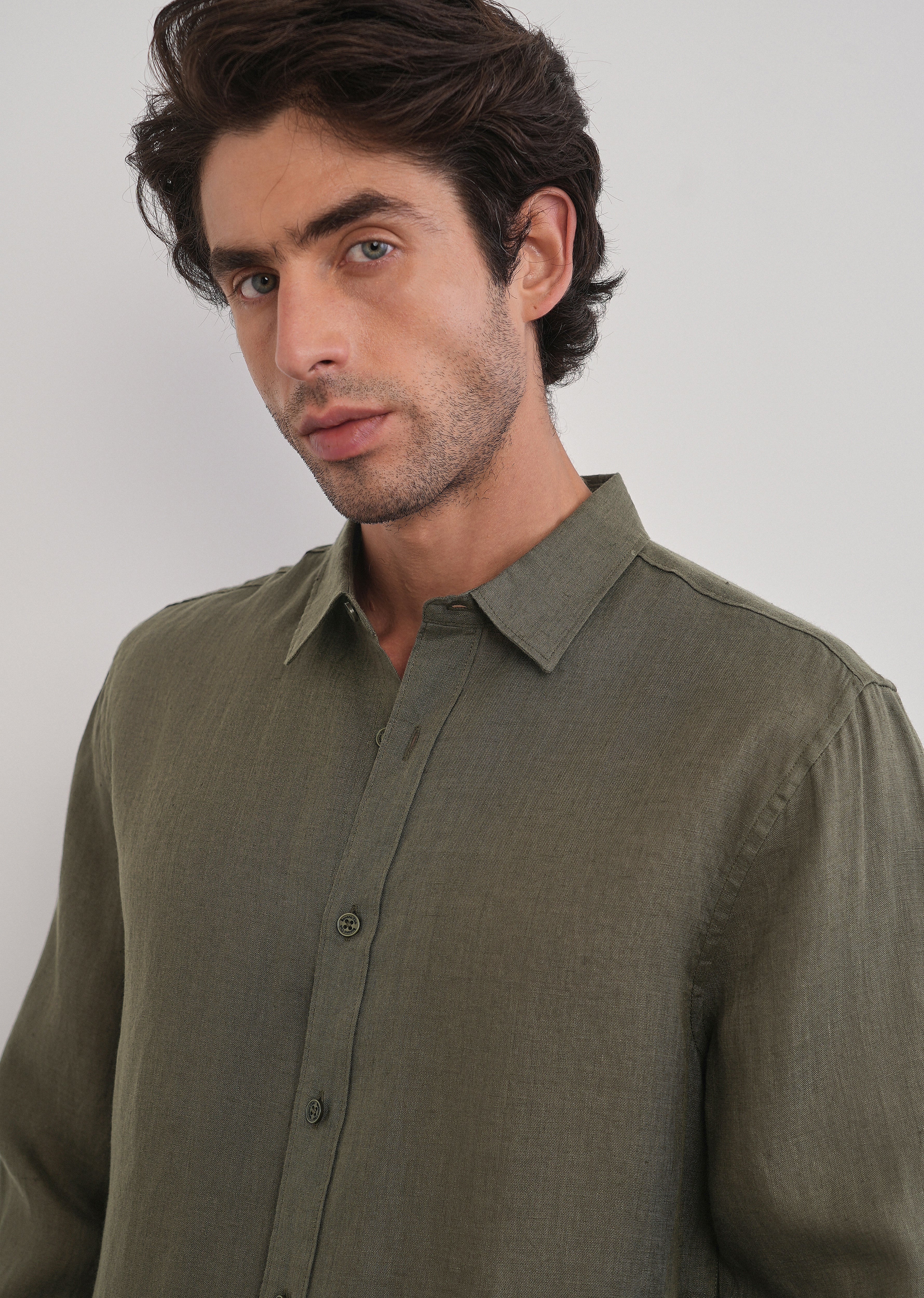 100% Pure Linen Olive Green Plain Shirt