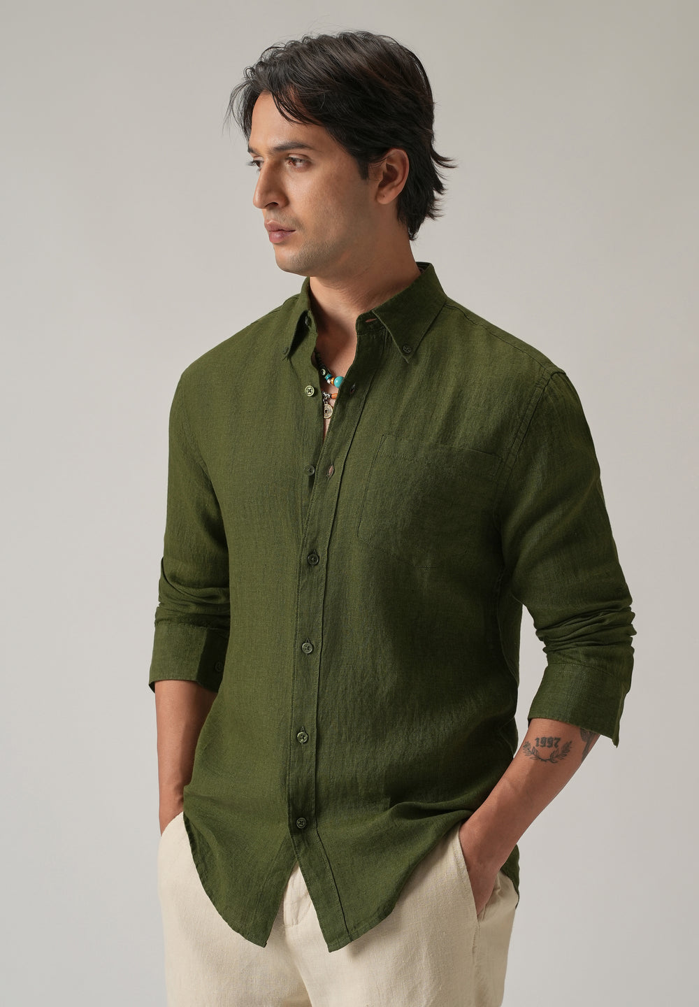 100% Pure Olive Linen Shirt