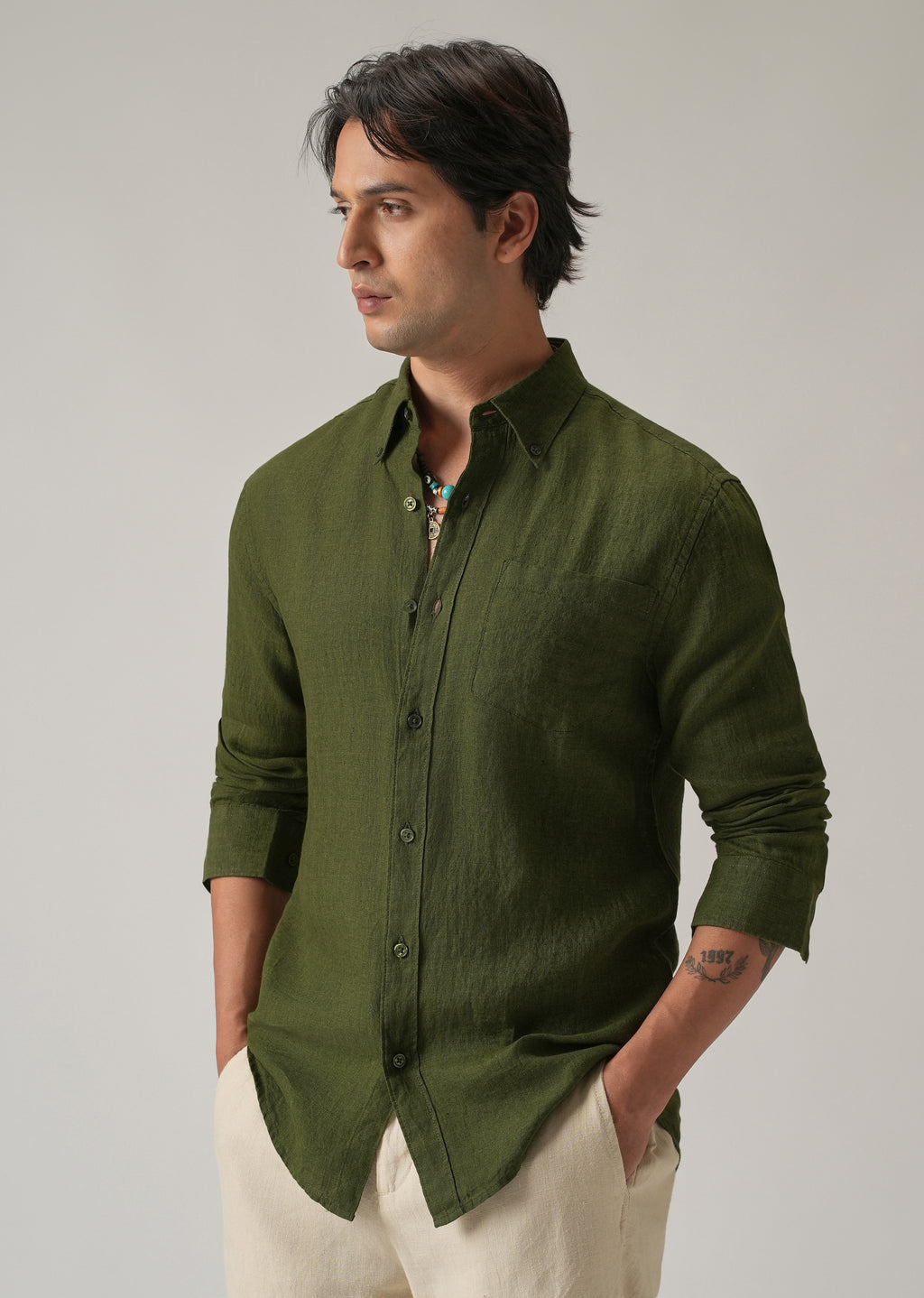 100% Pure Olive Linen Shirt