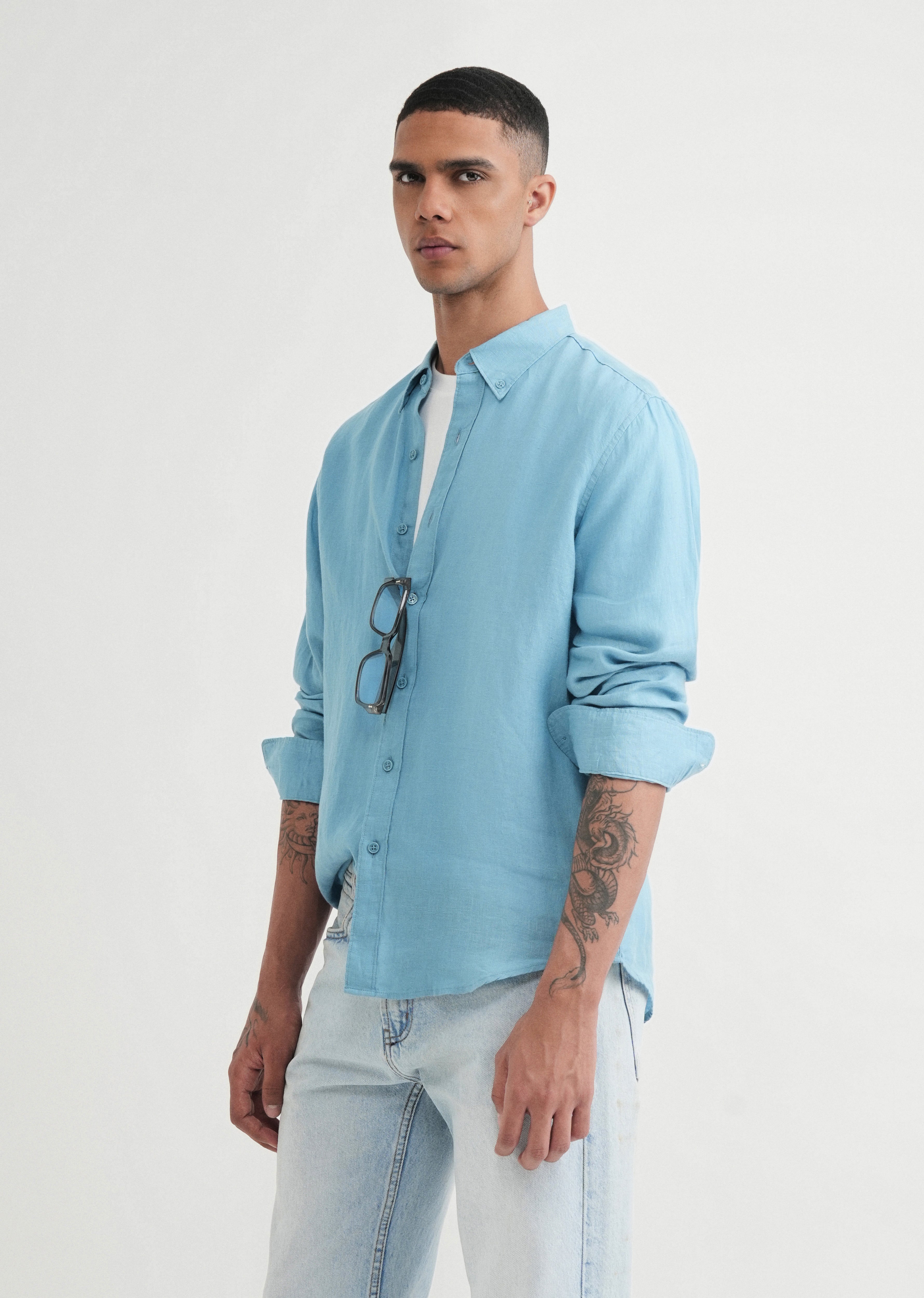 100% Pure Linen Powder Blue Shirt