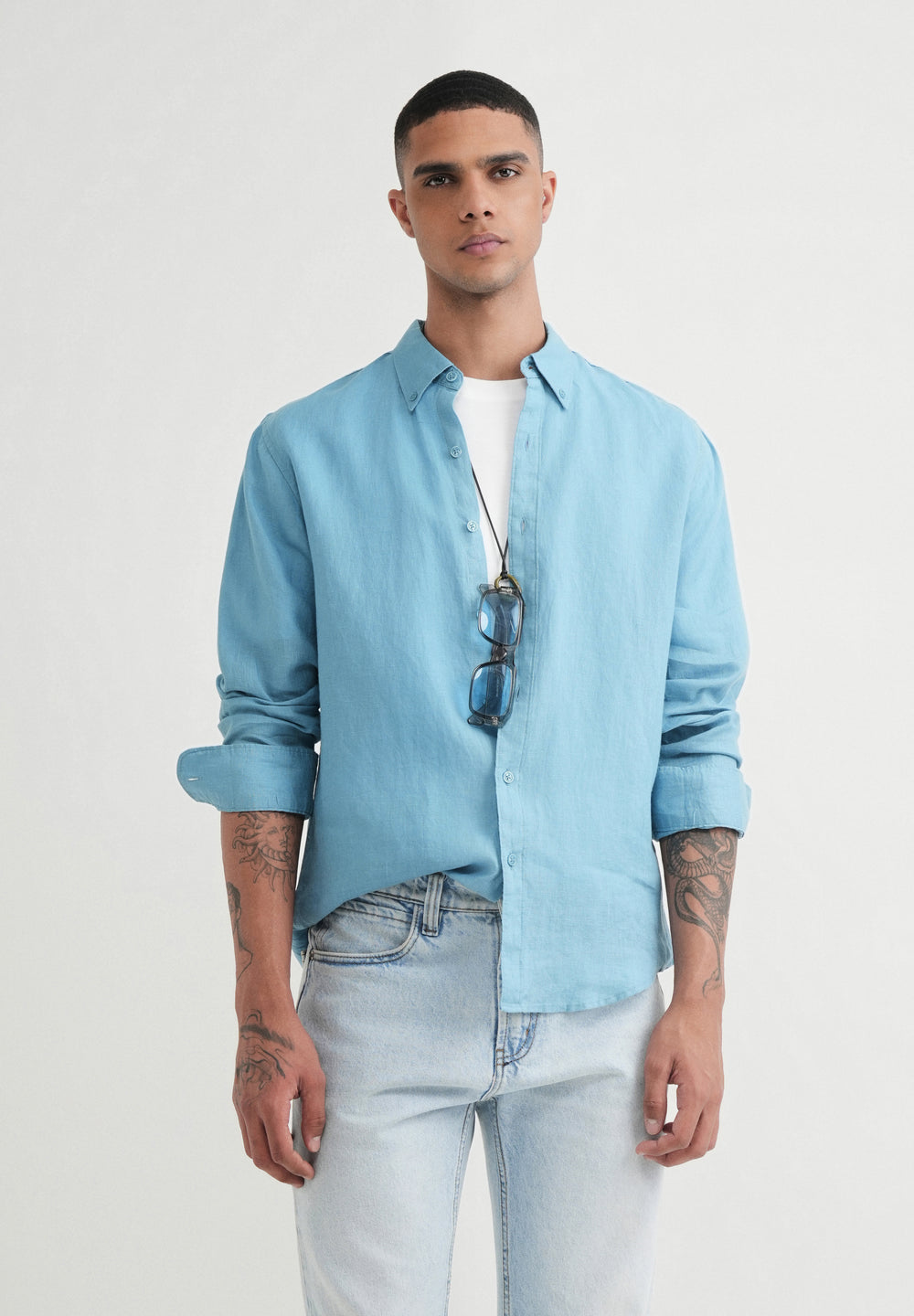 100% Pure Linen Powder Blue Shirt