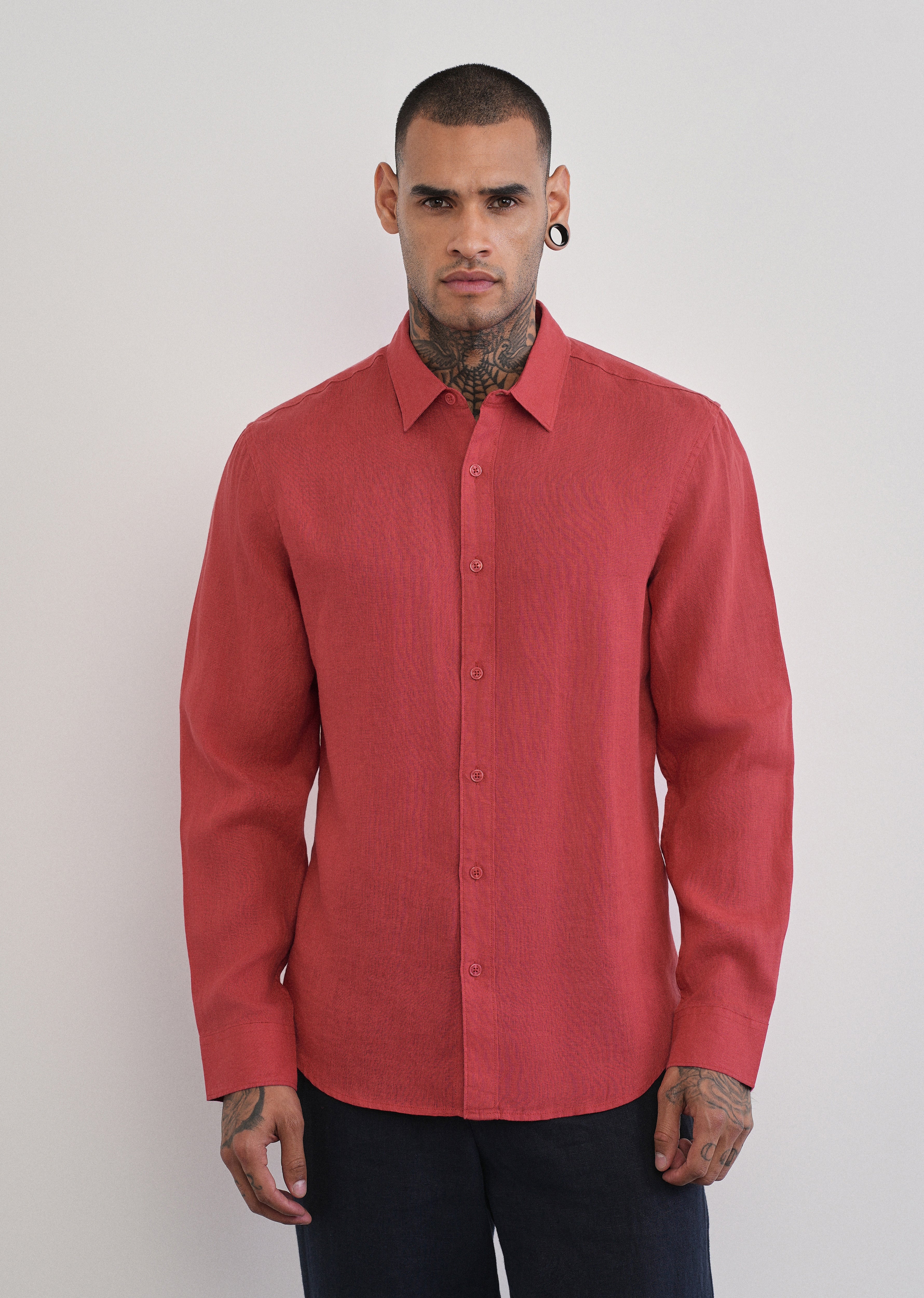 100% Pure Linen Brick Red Plain Shirt