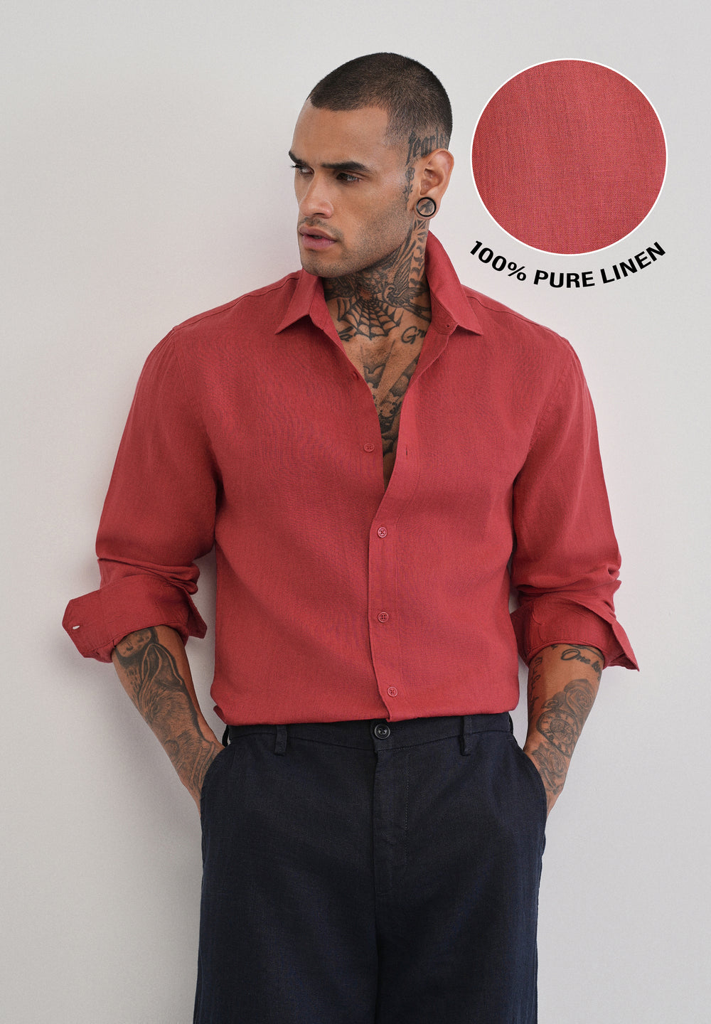100% Pure Linen Brick Red Plain Shirt