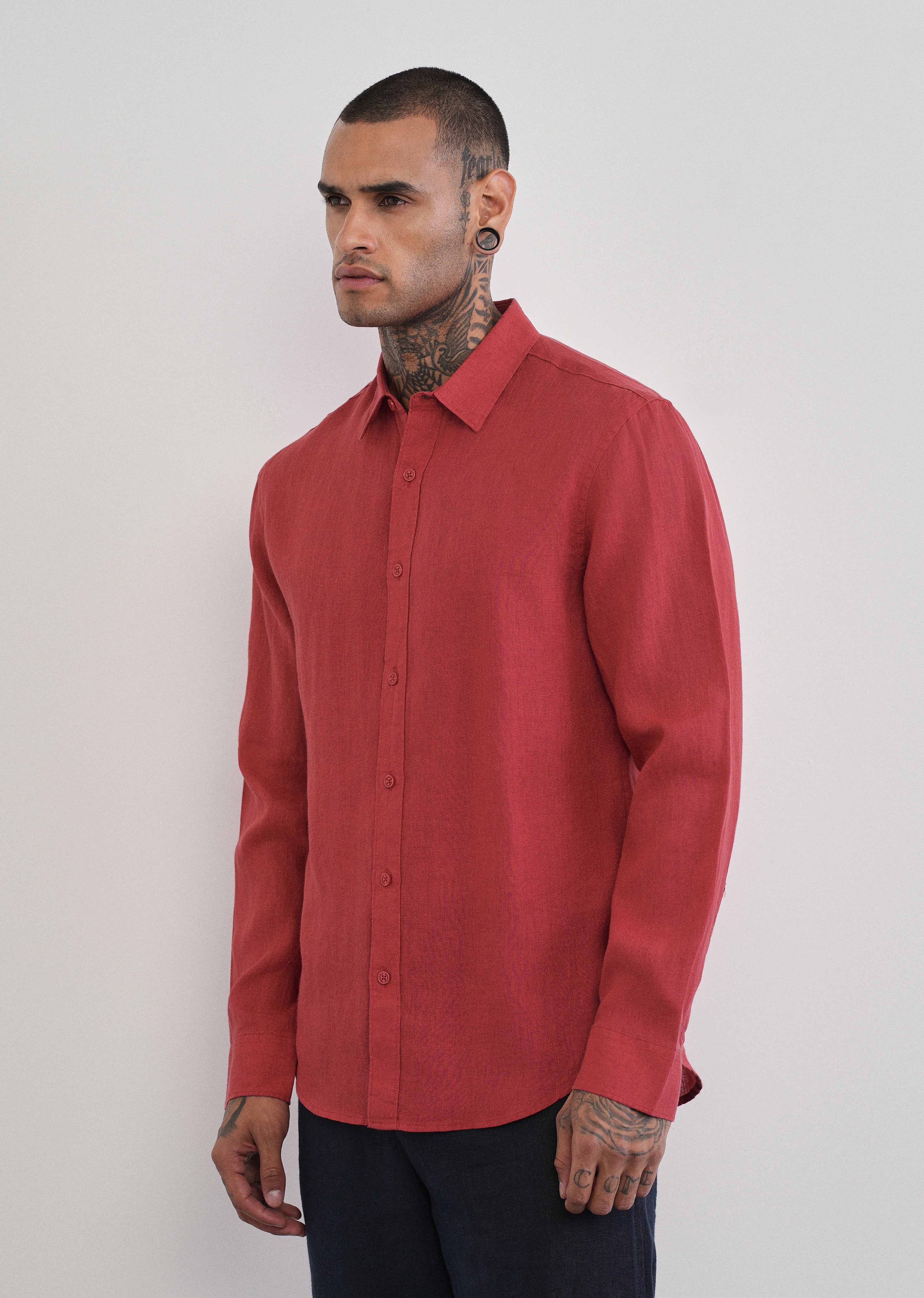 100% Pure Linen Brick Red Plain Shirt
