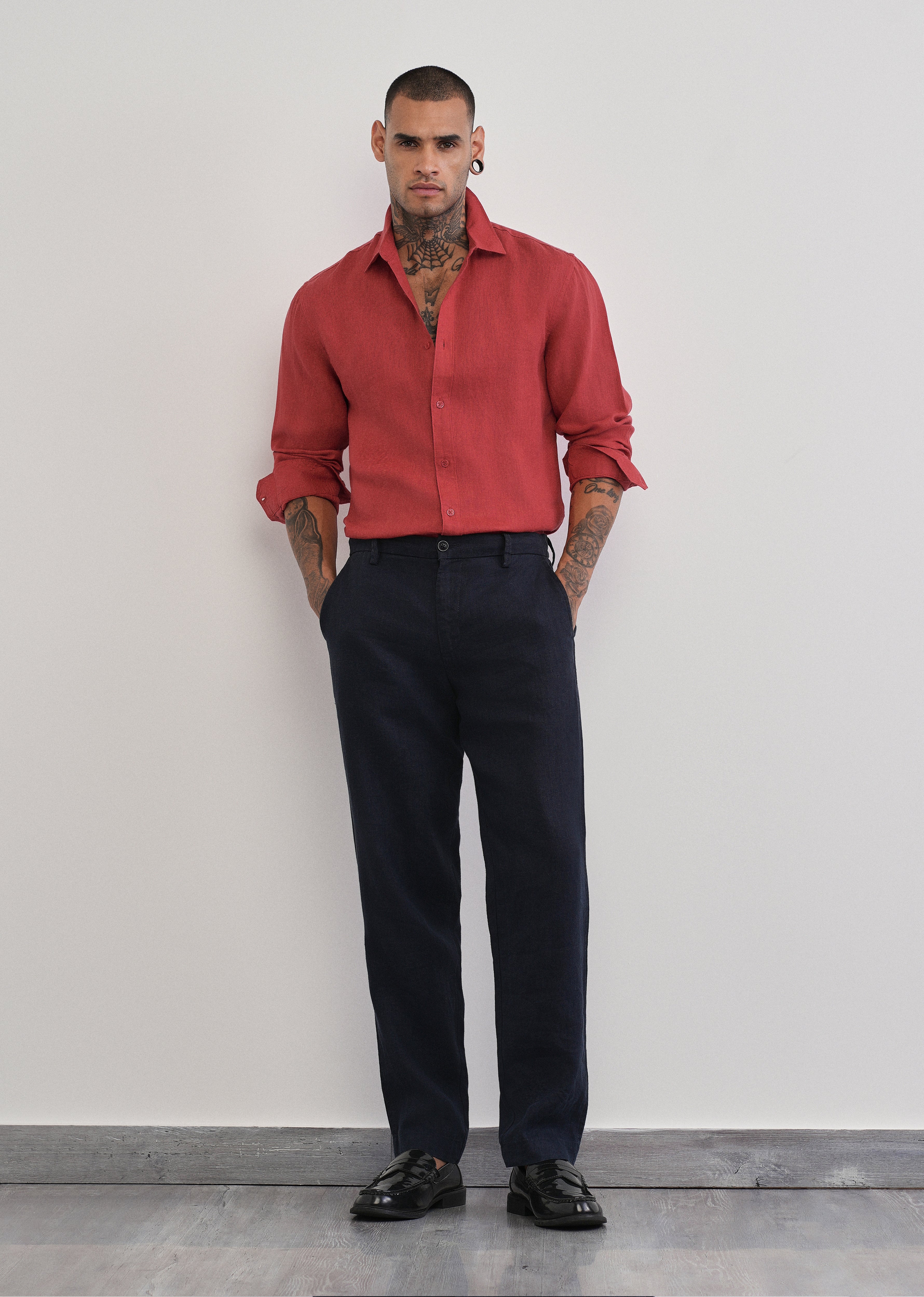100% Pure Linen Brick Red Plain Shirt