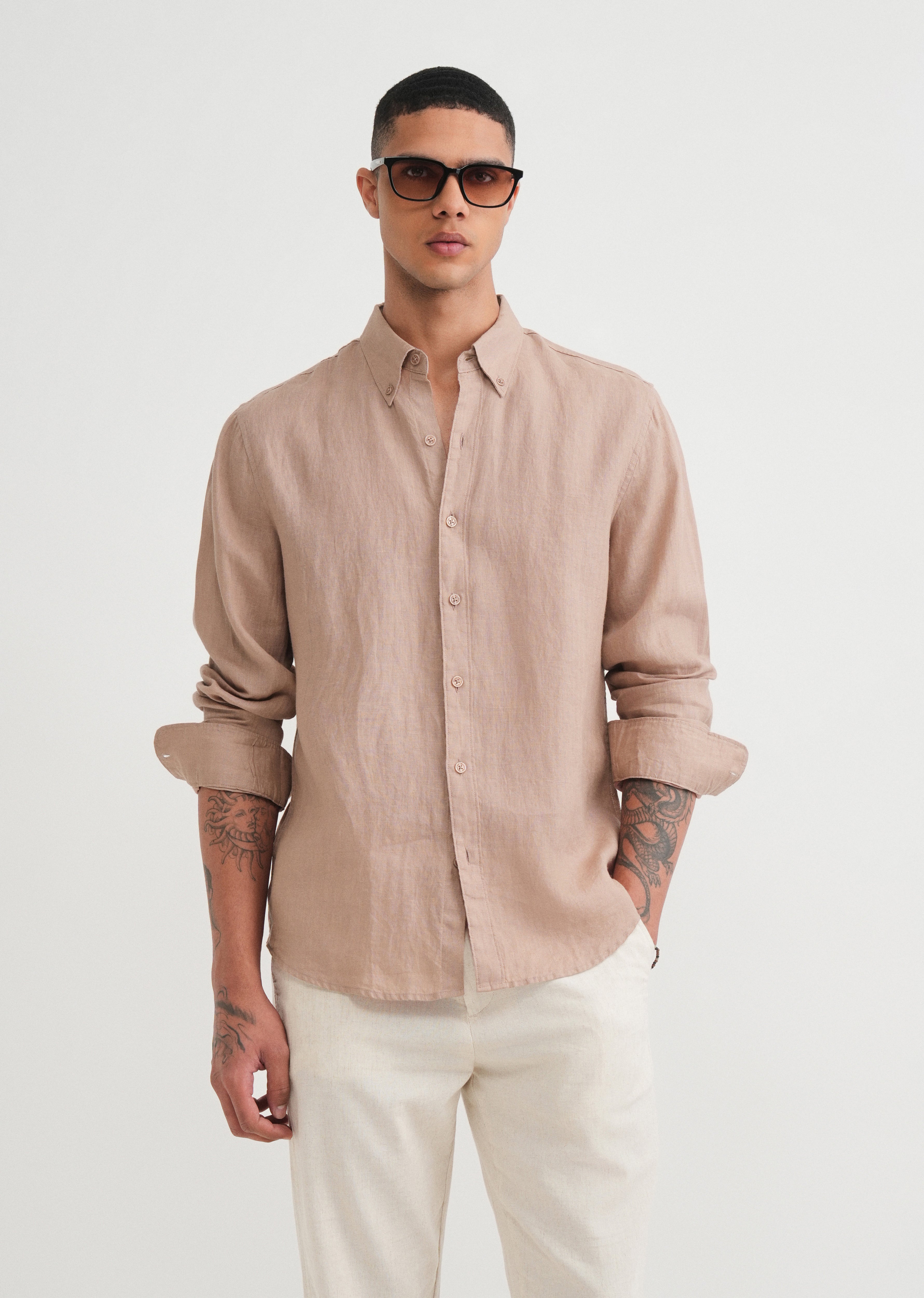 100% Pure Linen Sand Beige Shirt