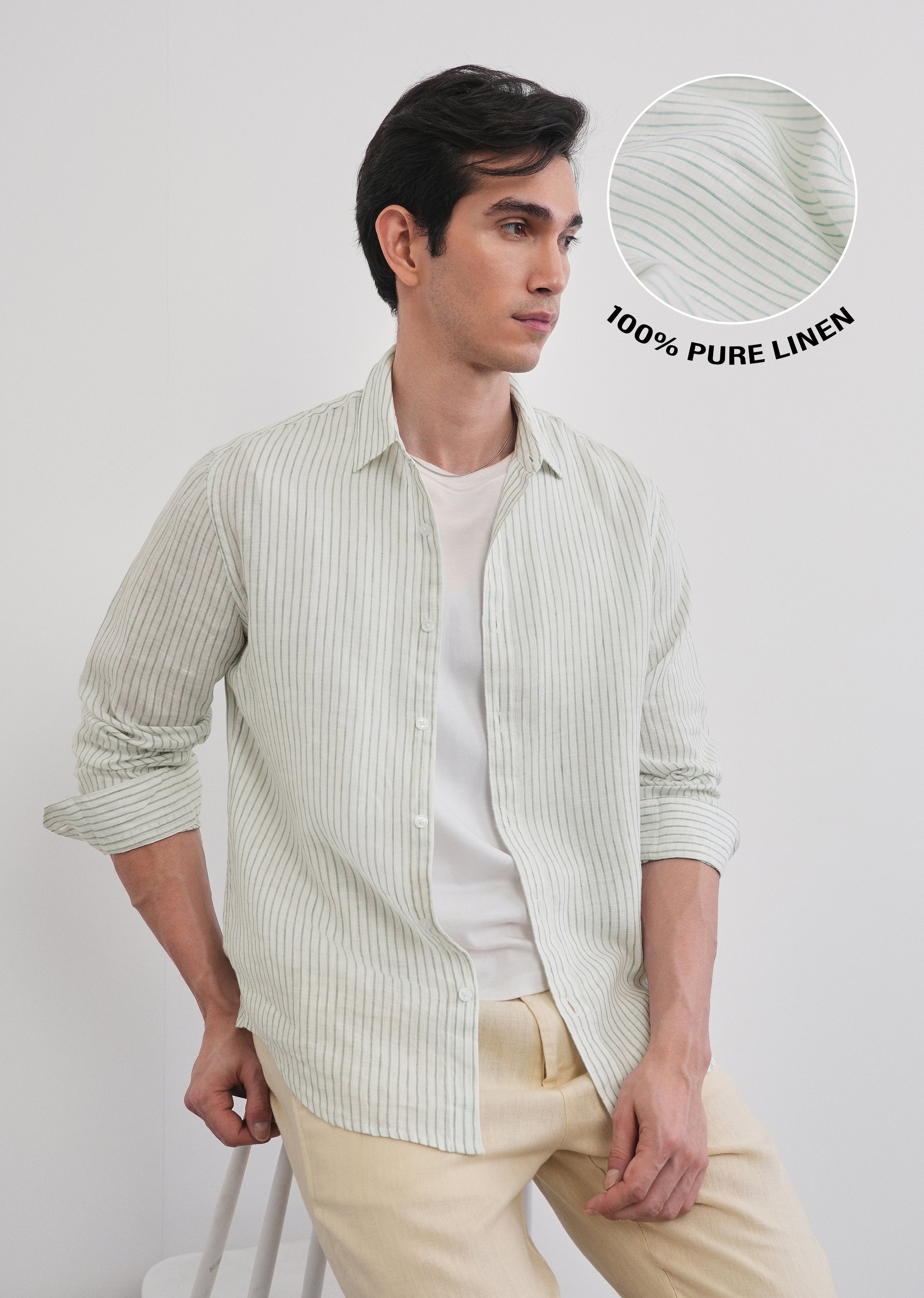 100% Linen Green Self-Stripe Shirt