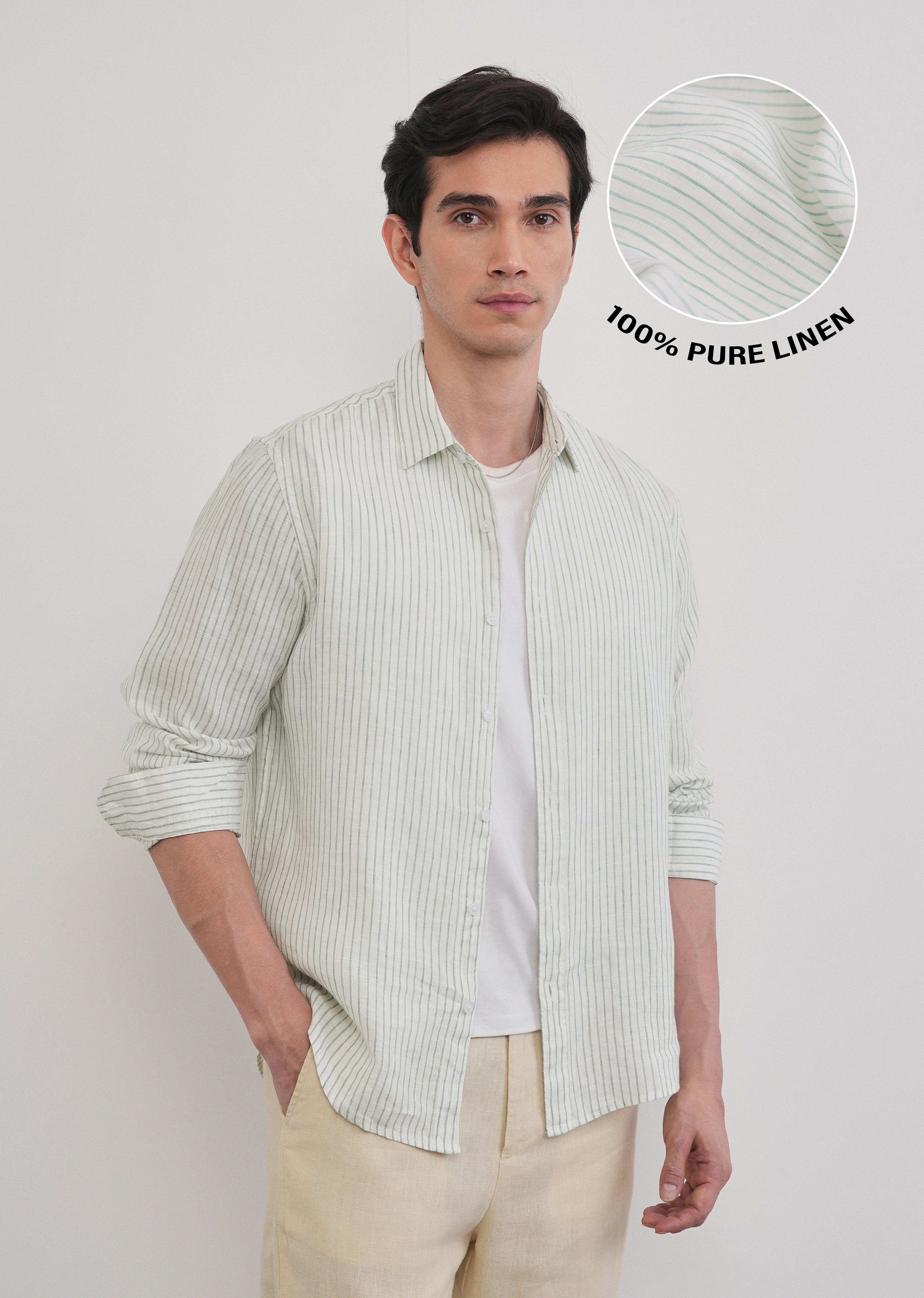 100% Linen Green Self-Stripe Shirt
