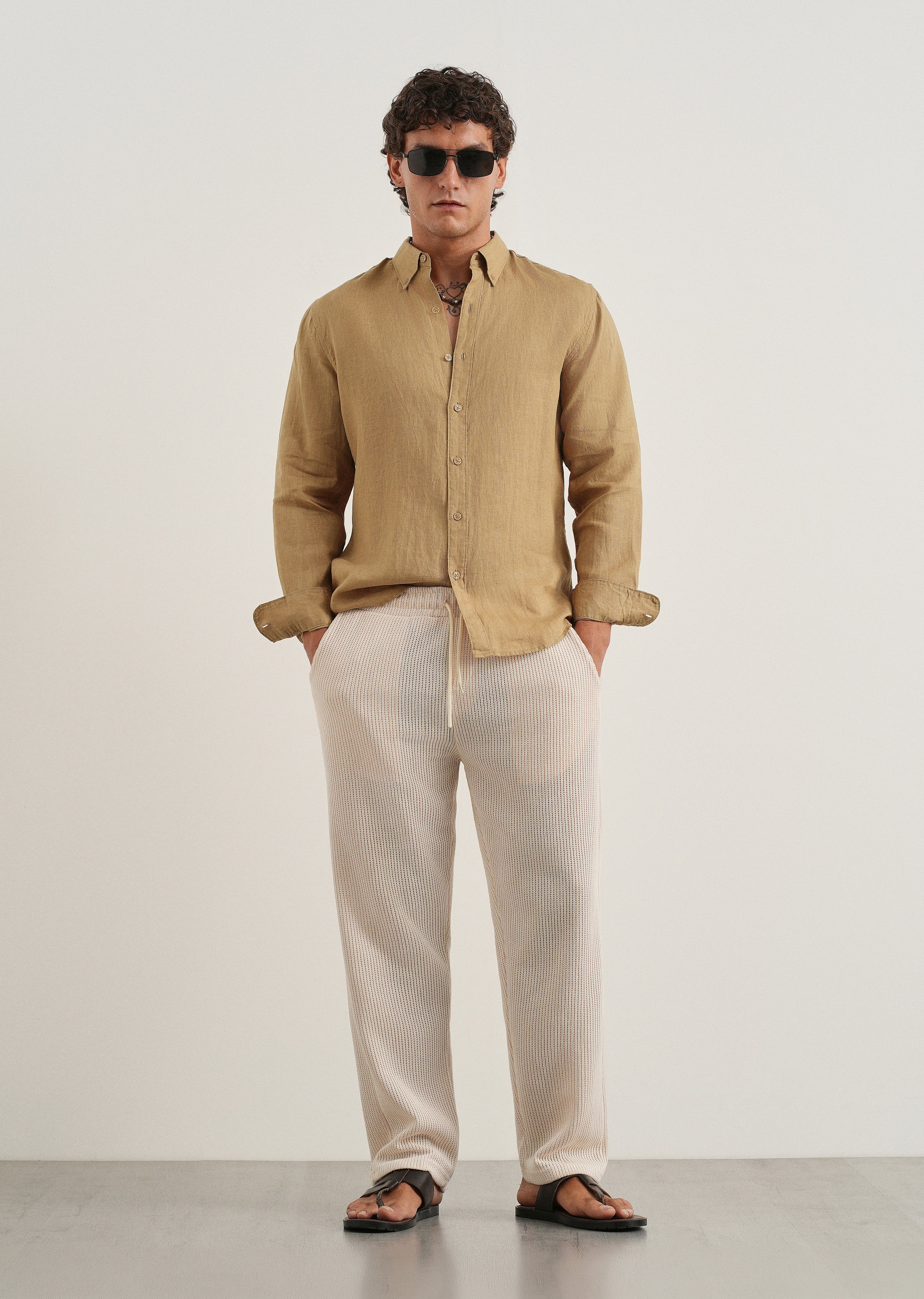 100% Pure Linen Khaki Regular Fit Shirt
