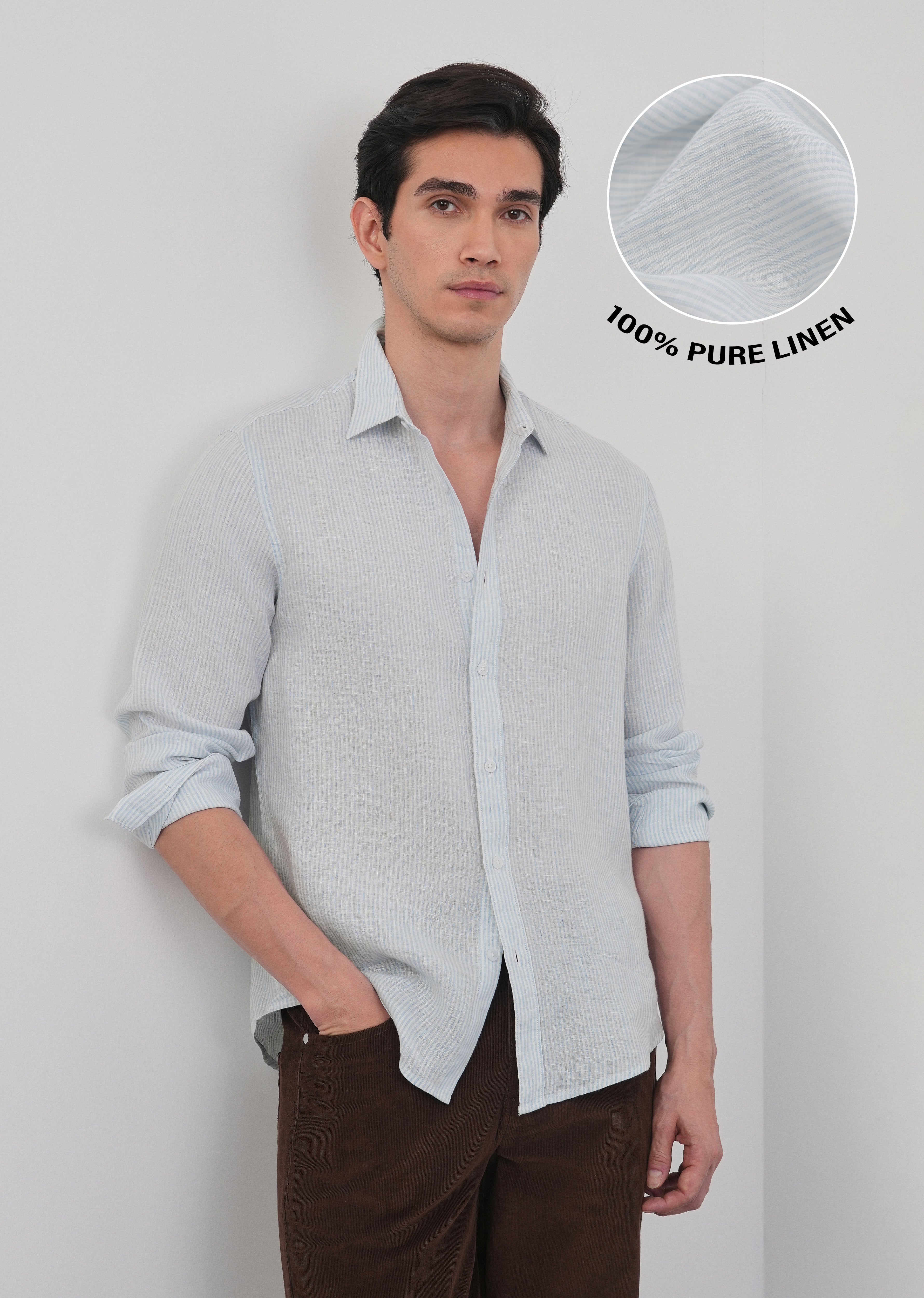 100% Linen Light Blue Self-Stripe Shirt