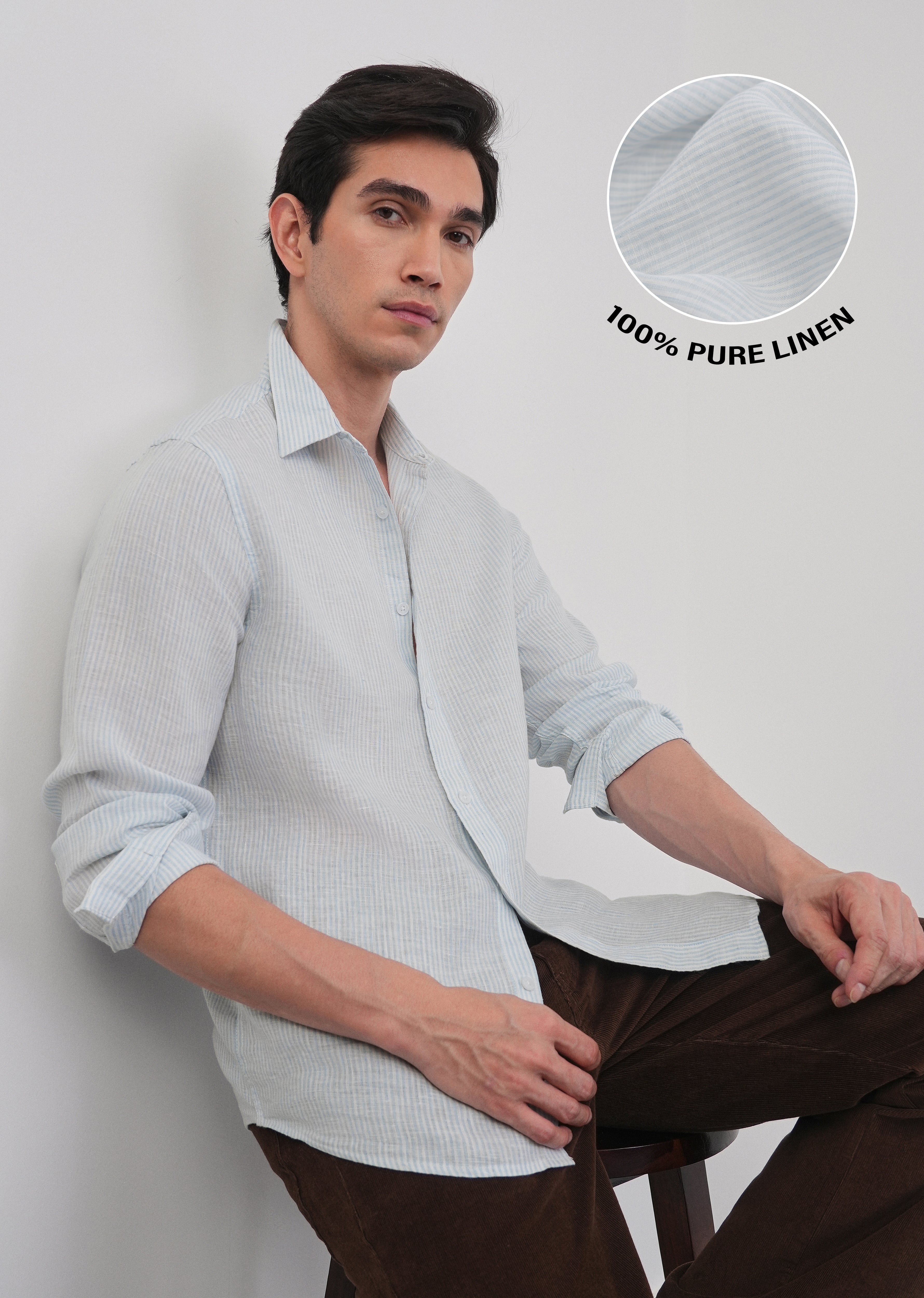 100% Linen Light Blue Self-Stripe Shirt
