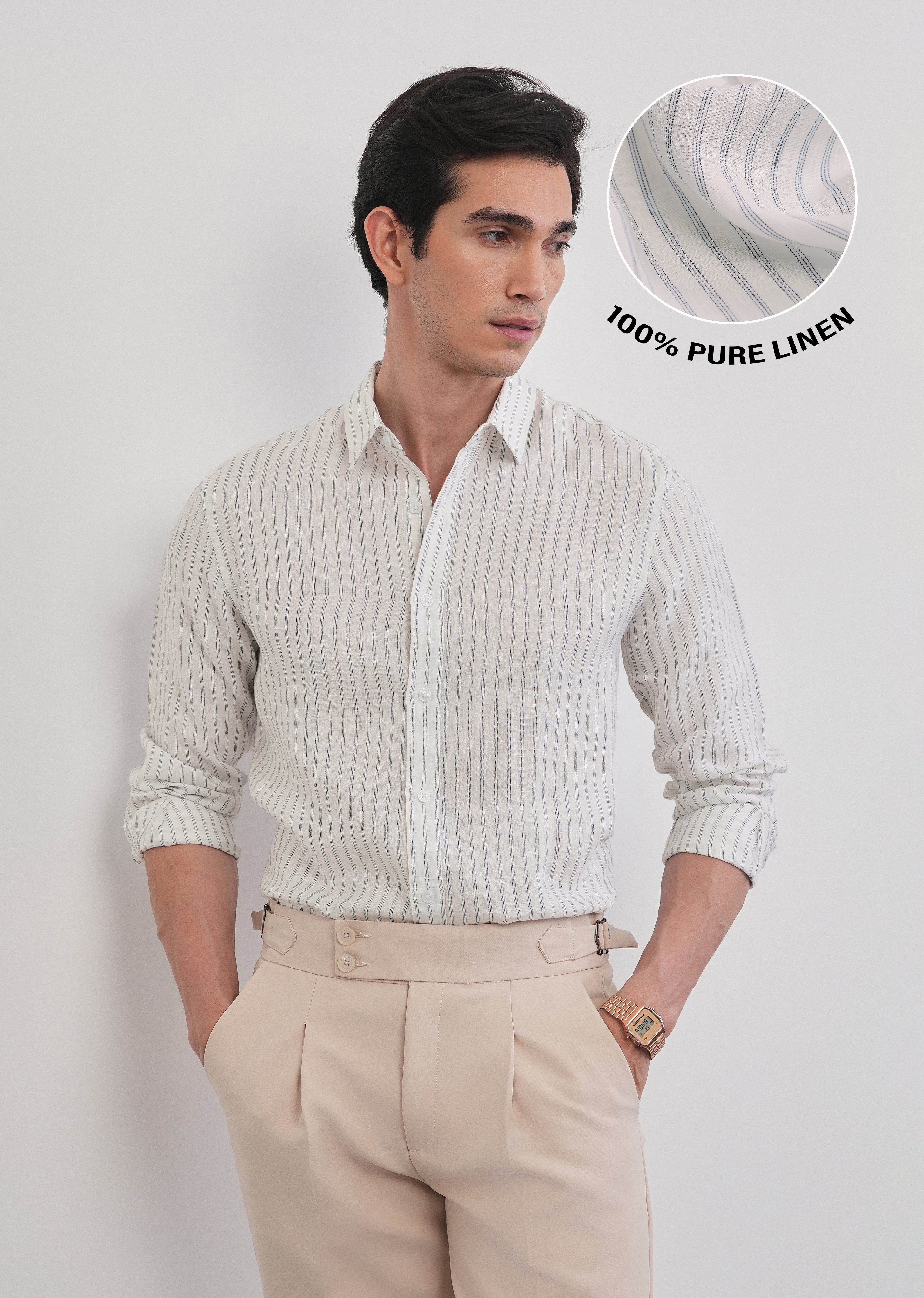 100% Linen Off-White Self-Stripe Shirt
