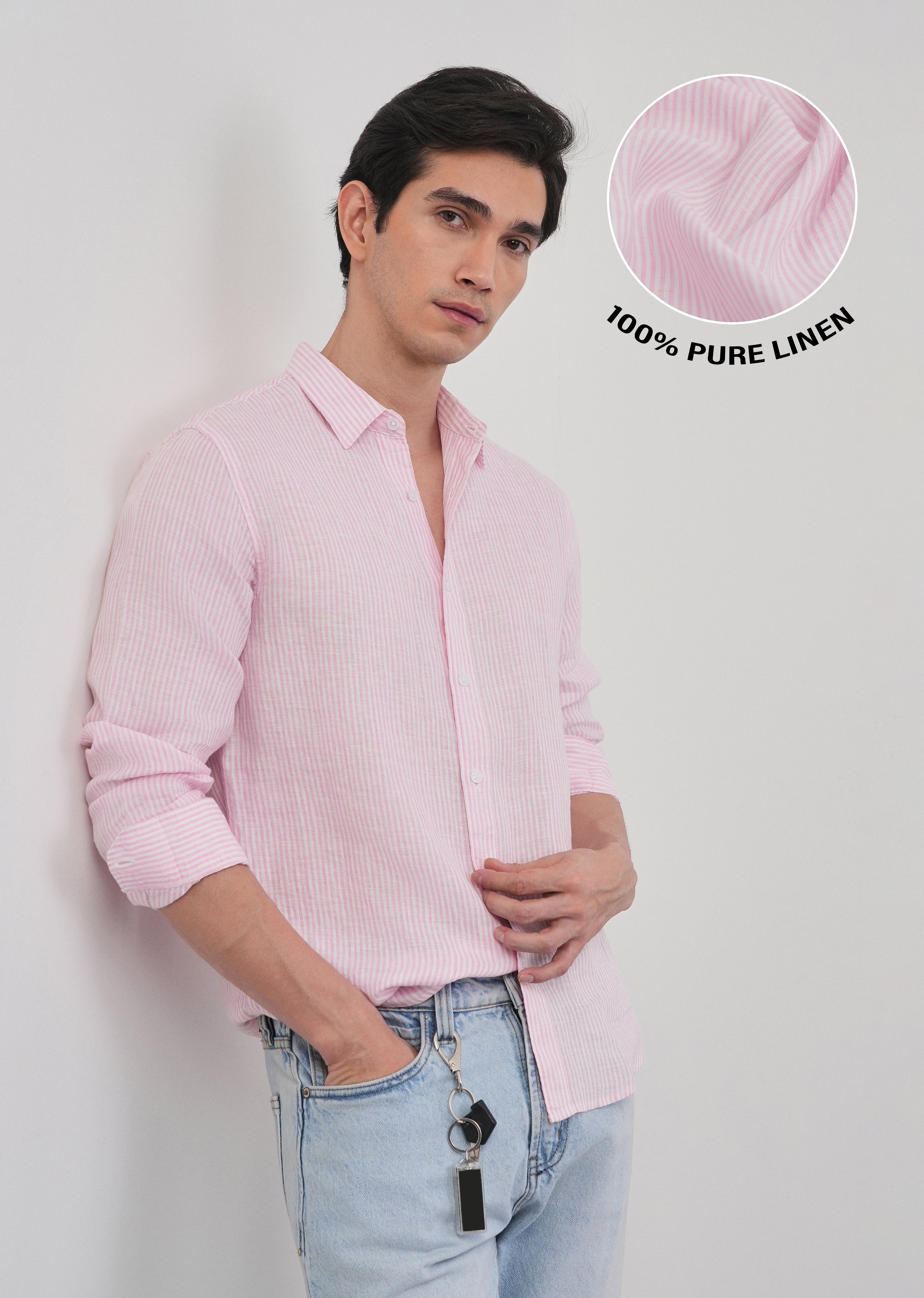 100% Linen Pink Self-Stripe Shirt