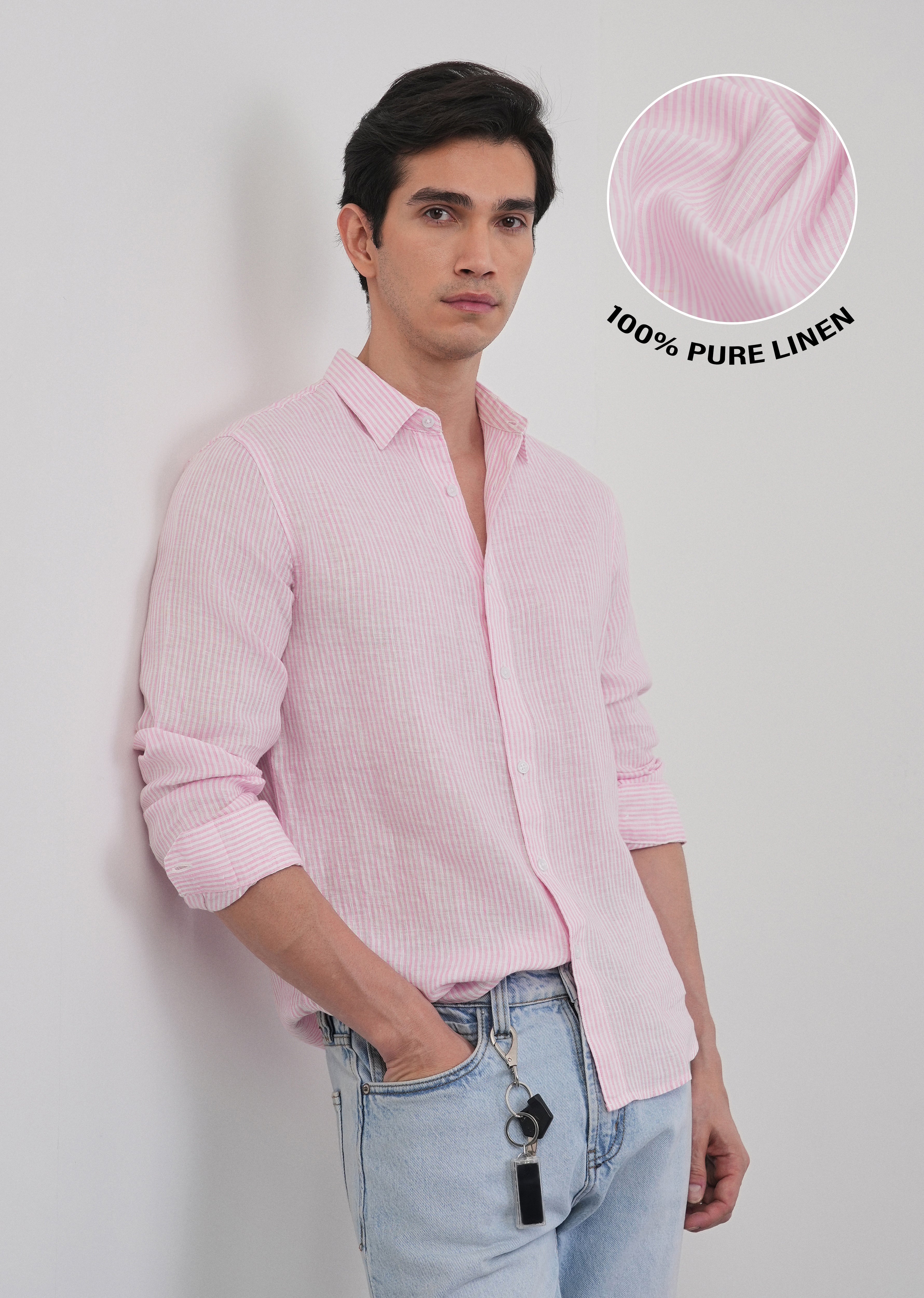 100% Linen Pink Self-Stripe Shirt
