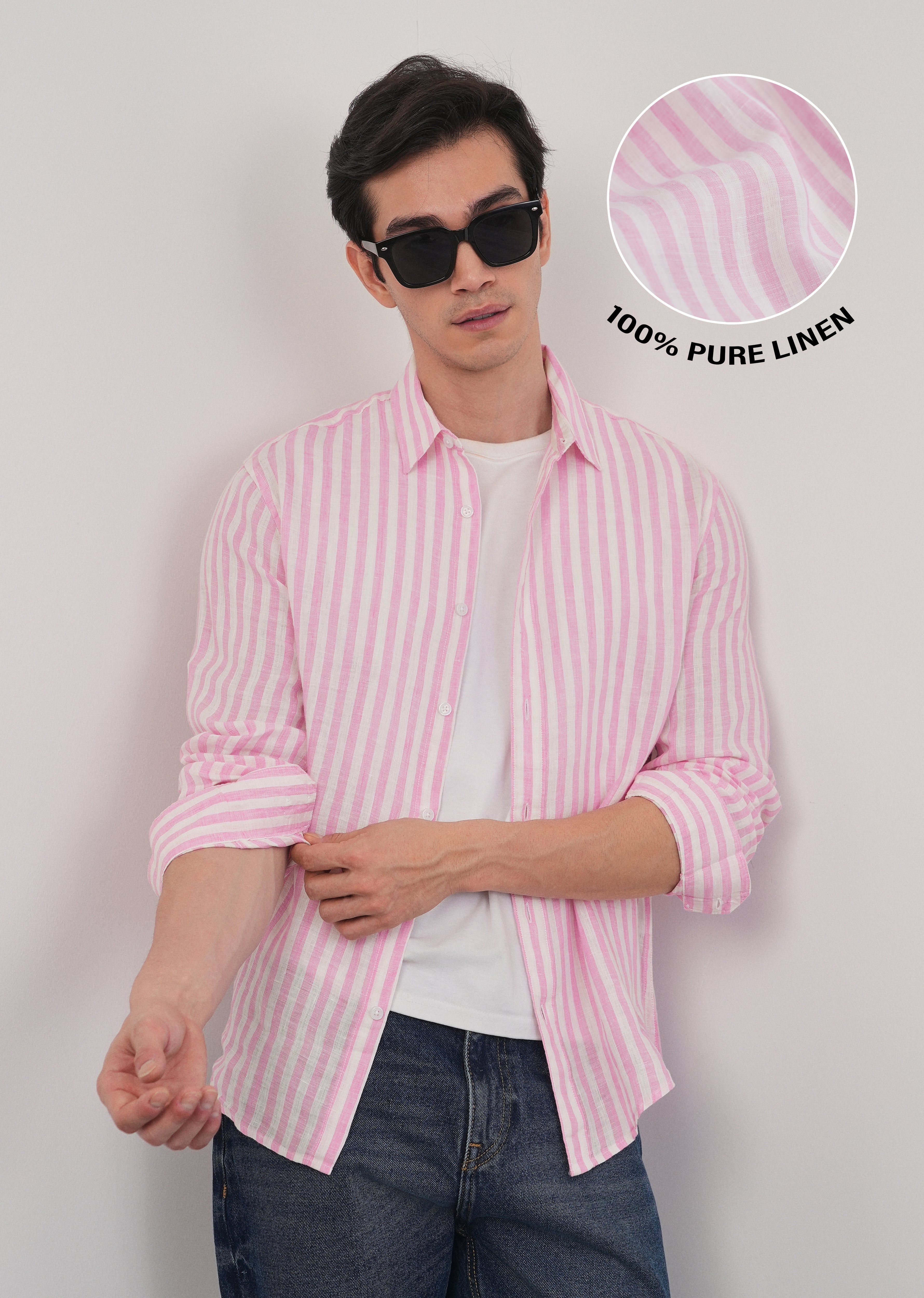 100% Linen Pink Stripe Shirt