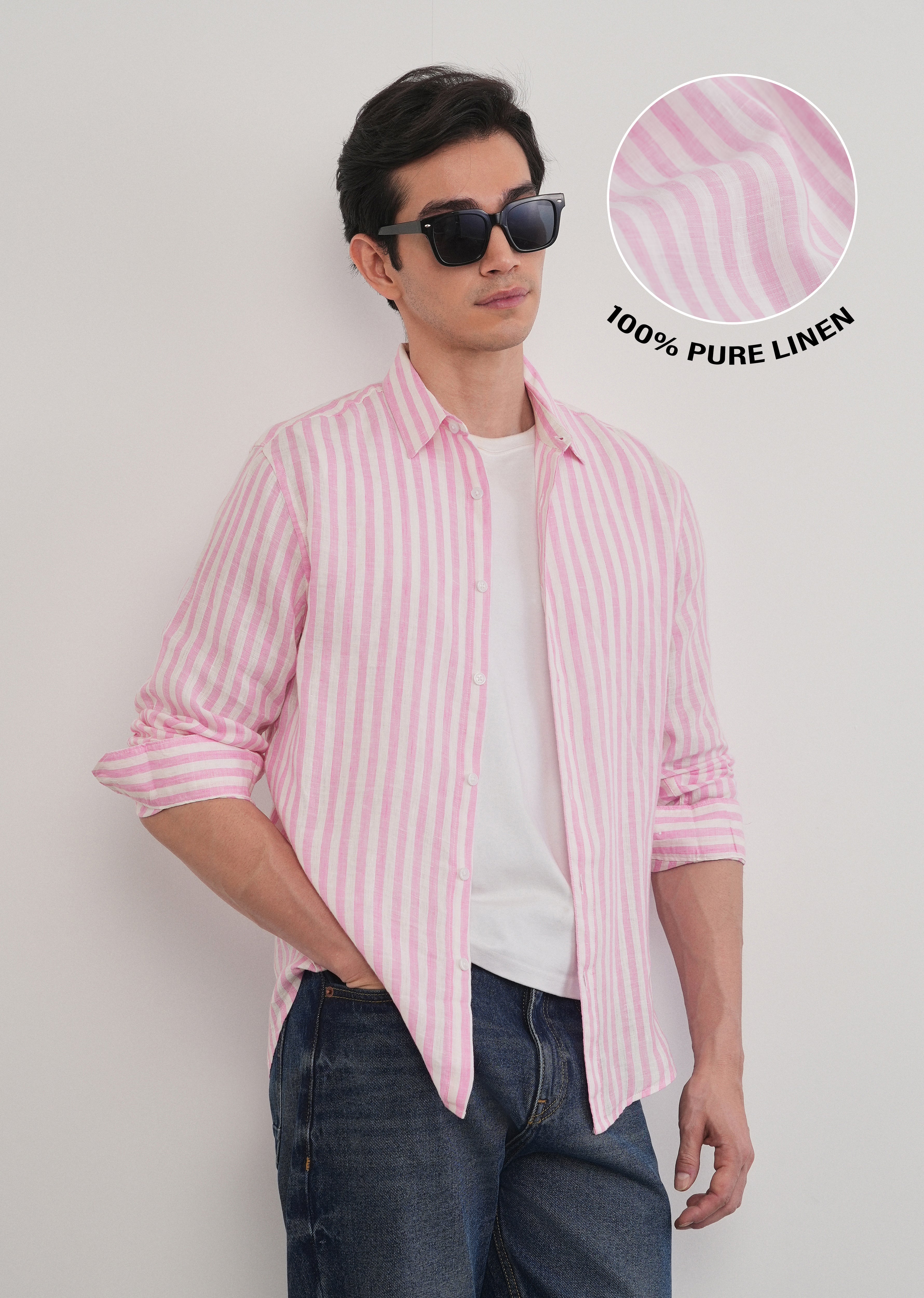 100% Linen Pink Stripe Shirt