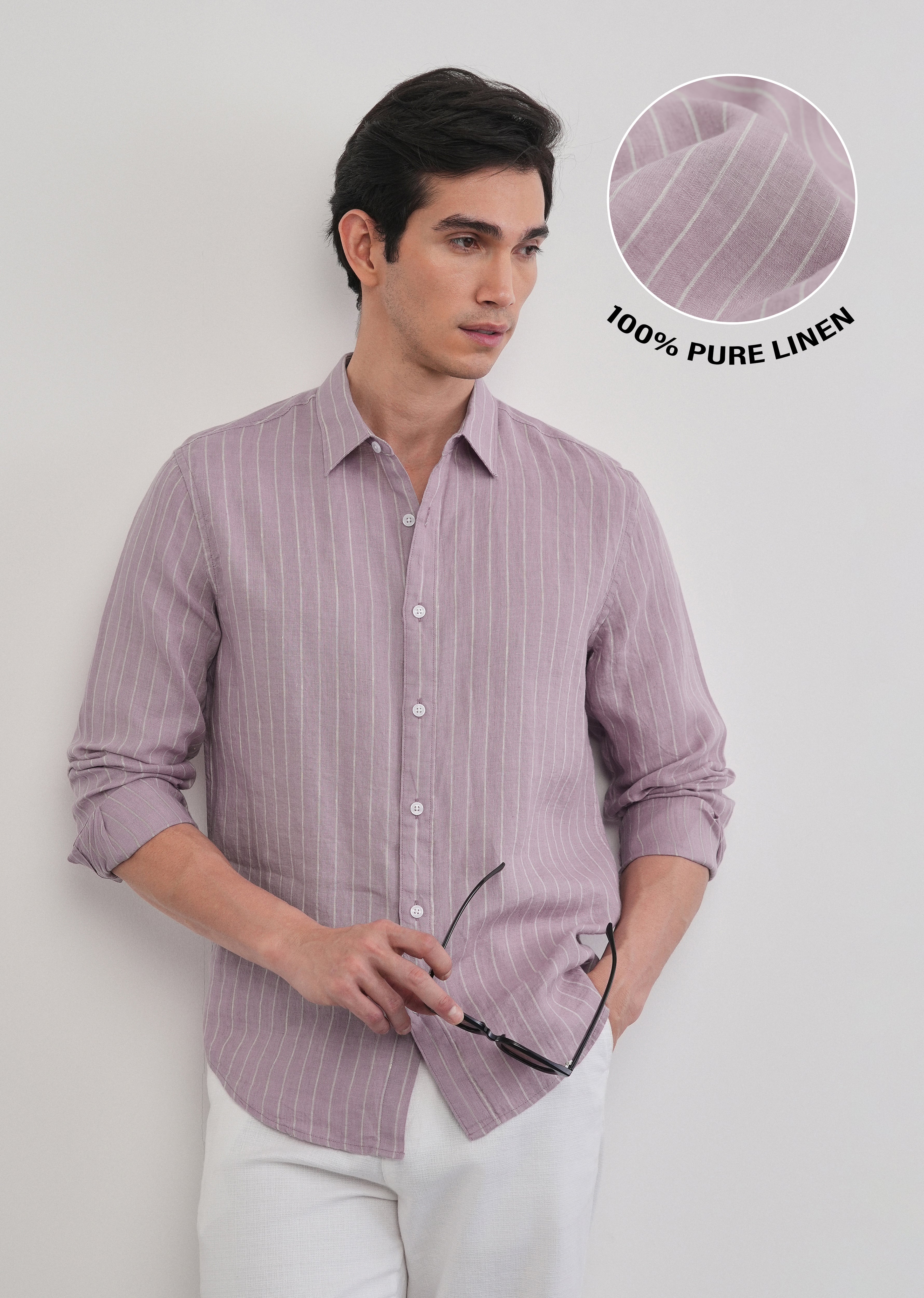100% Linen Purple Vertical Stripe Shirt
