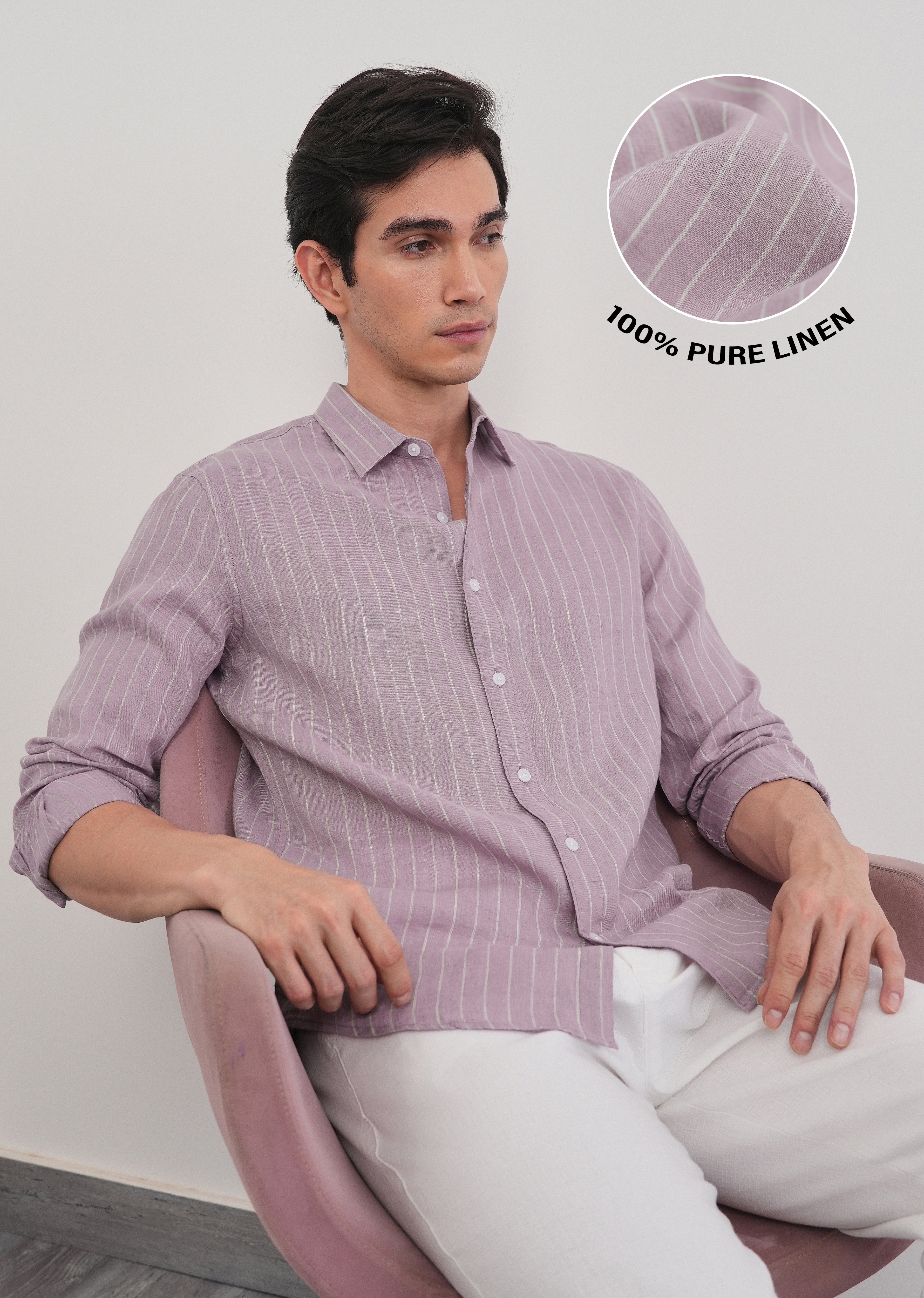 100% Linen Purple Vertical Stripe Shirt