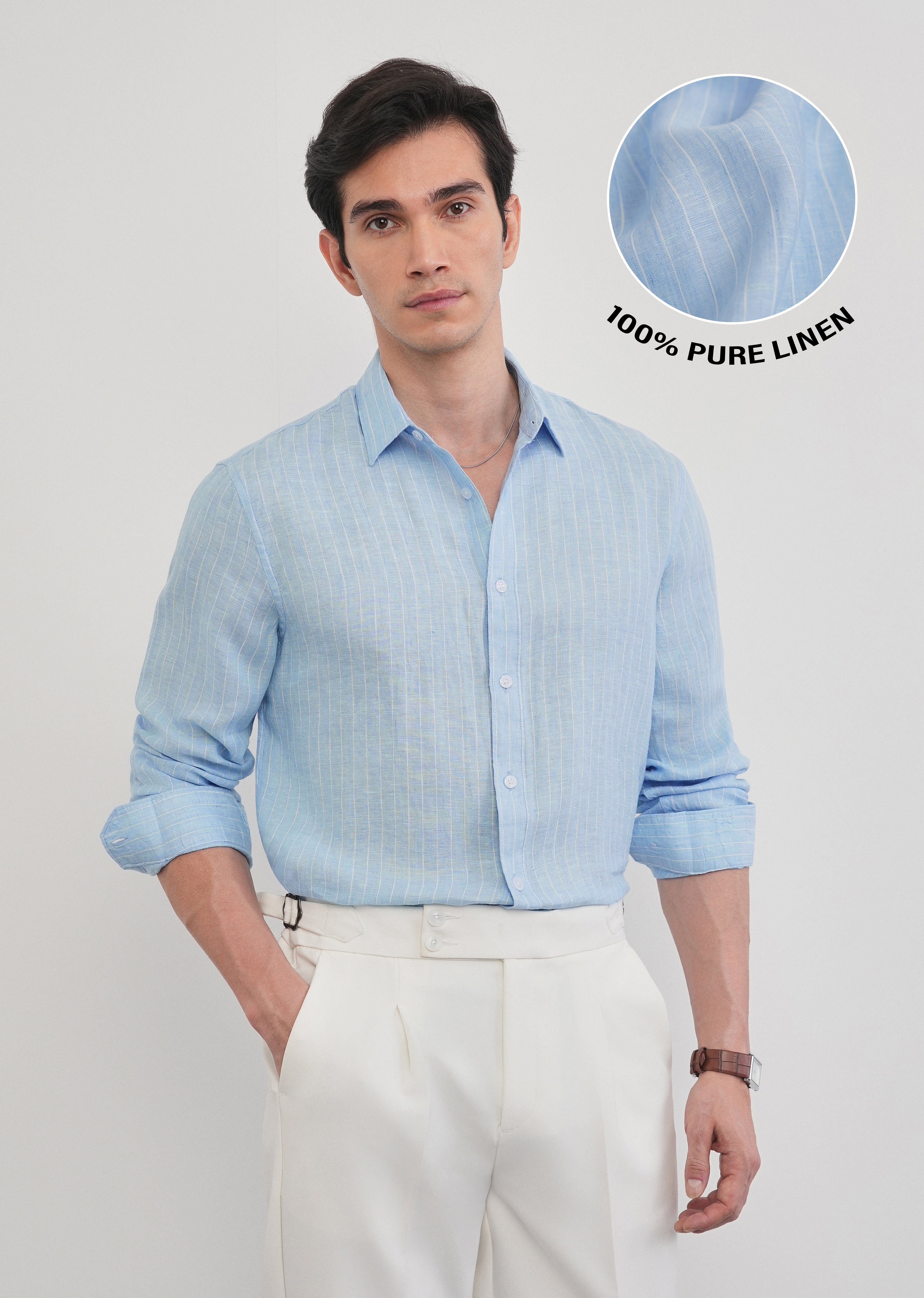 100% Linen Sky Blue Stripe Shirt