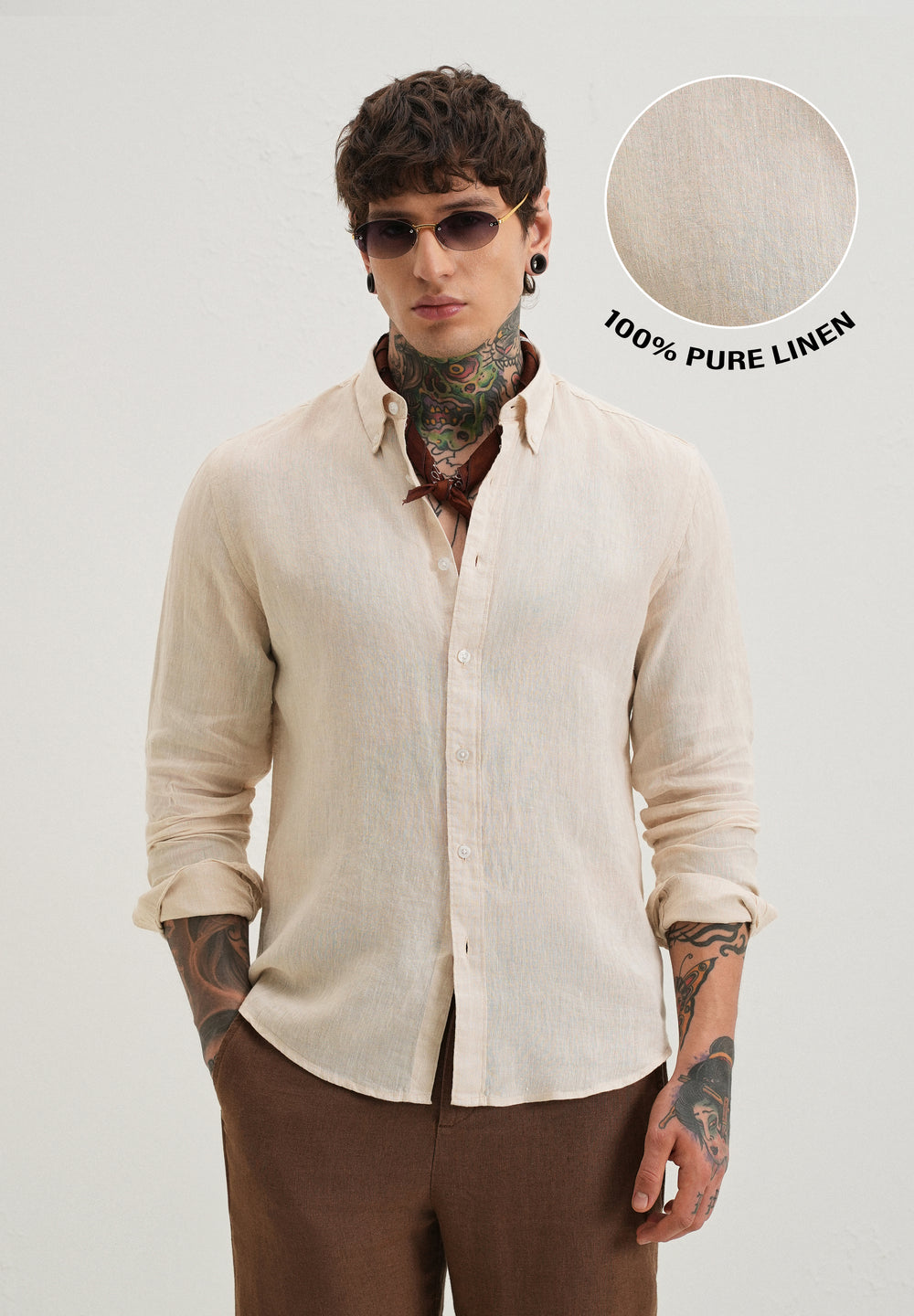 100% Pure Irish Sepia Beige Linen Shirt