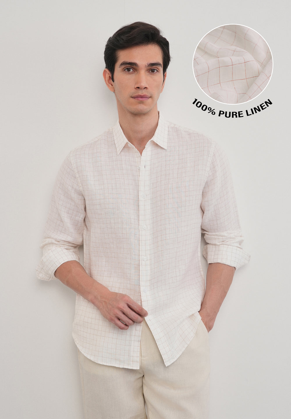 100% Pure Linen Off-White Check Shirt
