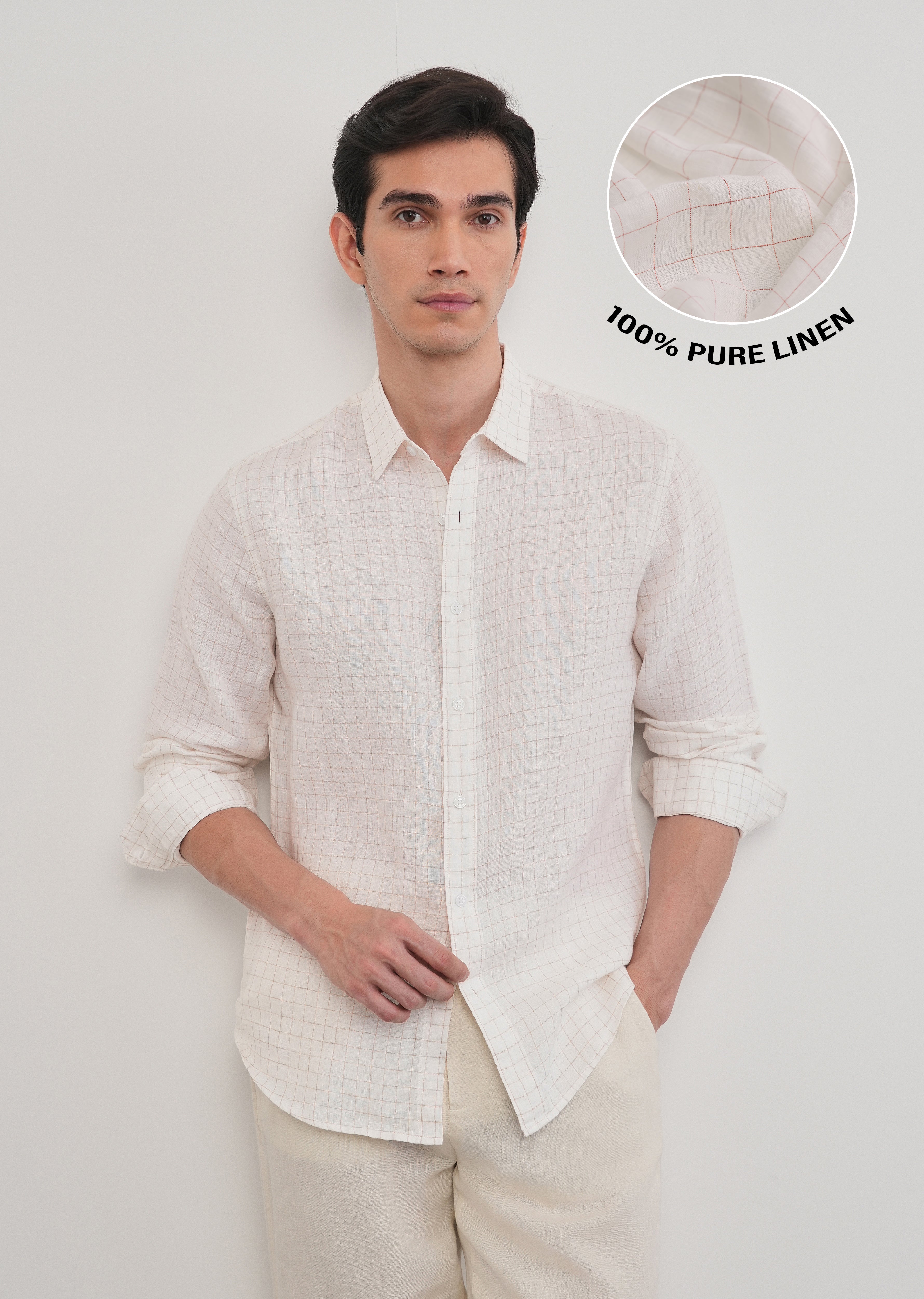 100% Pure Linen Off-White Check Shirt