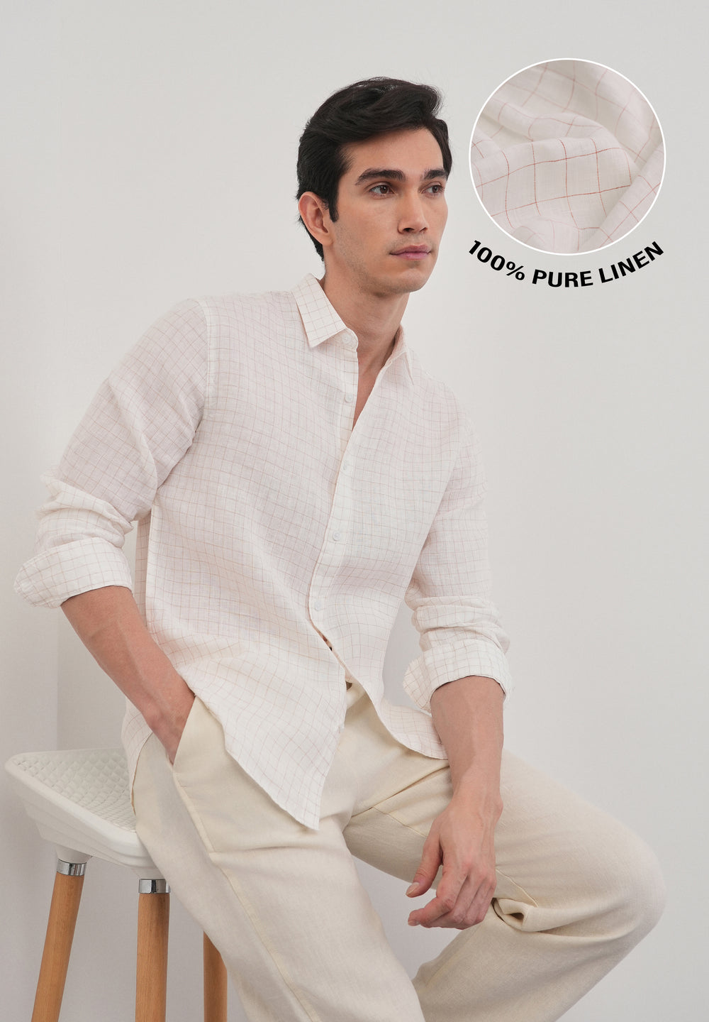 100% Pure Linen Off-White Check Shirt