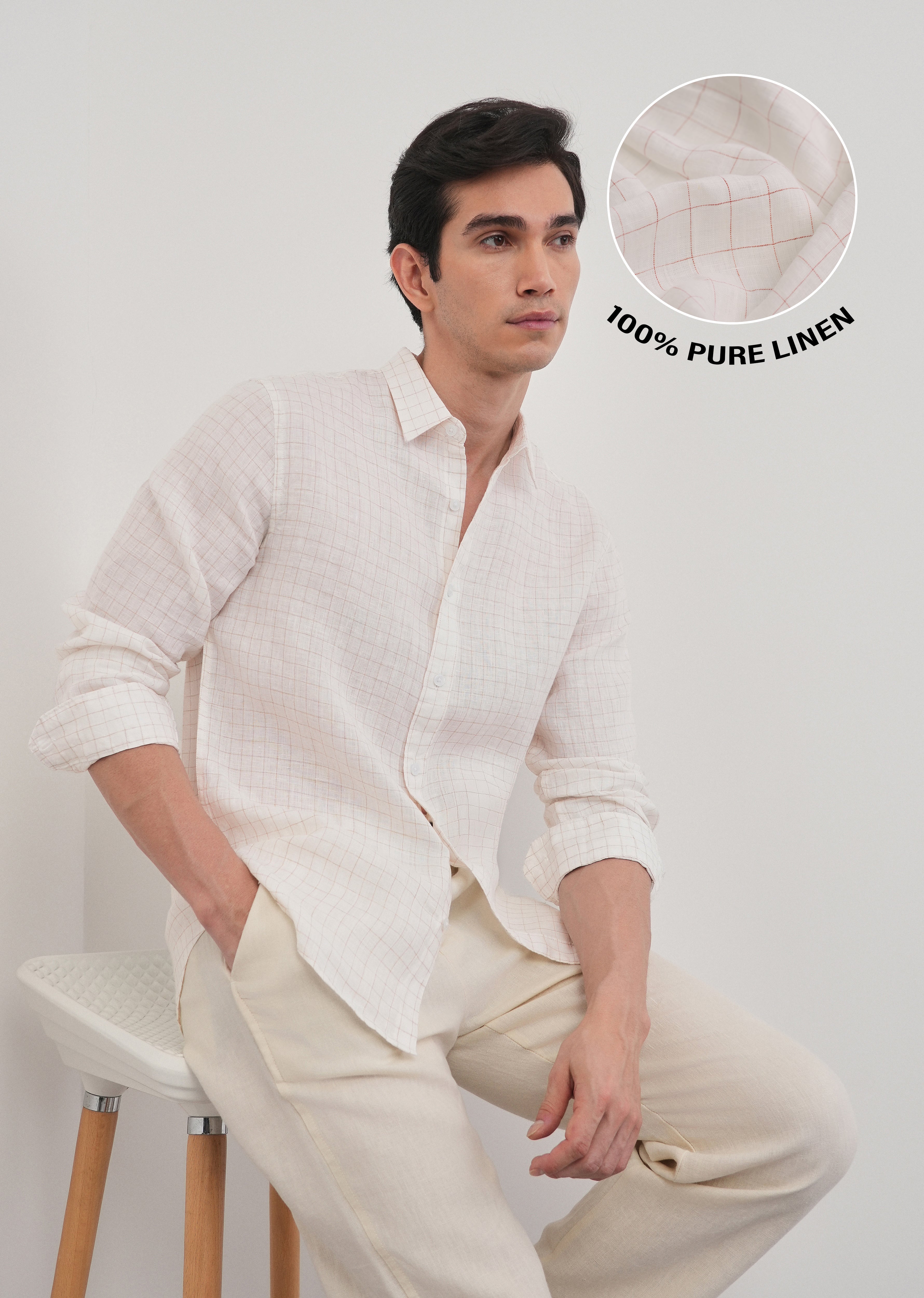 100% Pure Linen Off-White Check Shirt