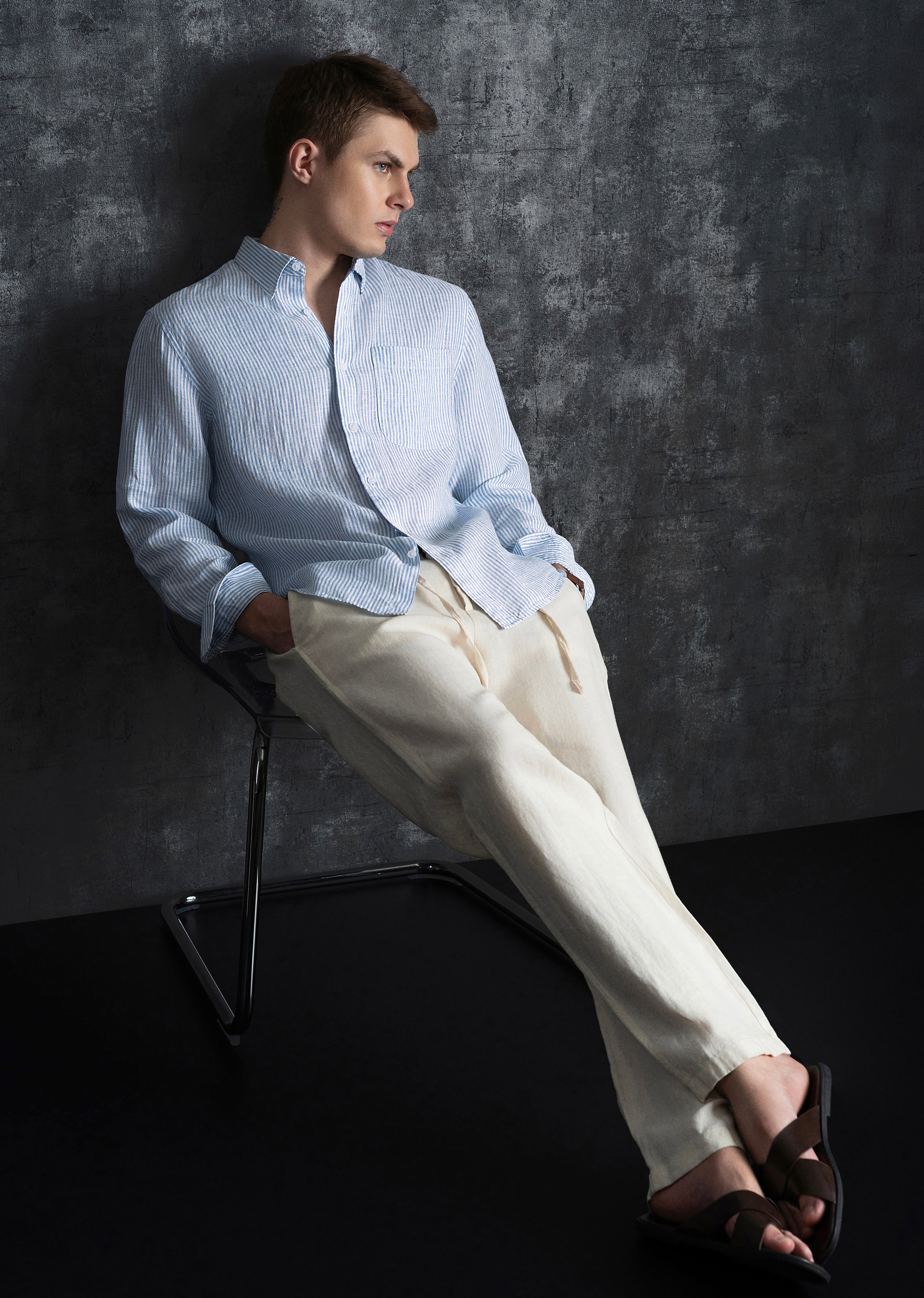 Blue 100% Pure Linen Stripe Shirt