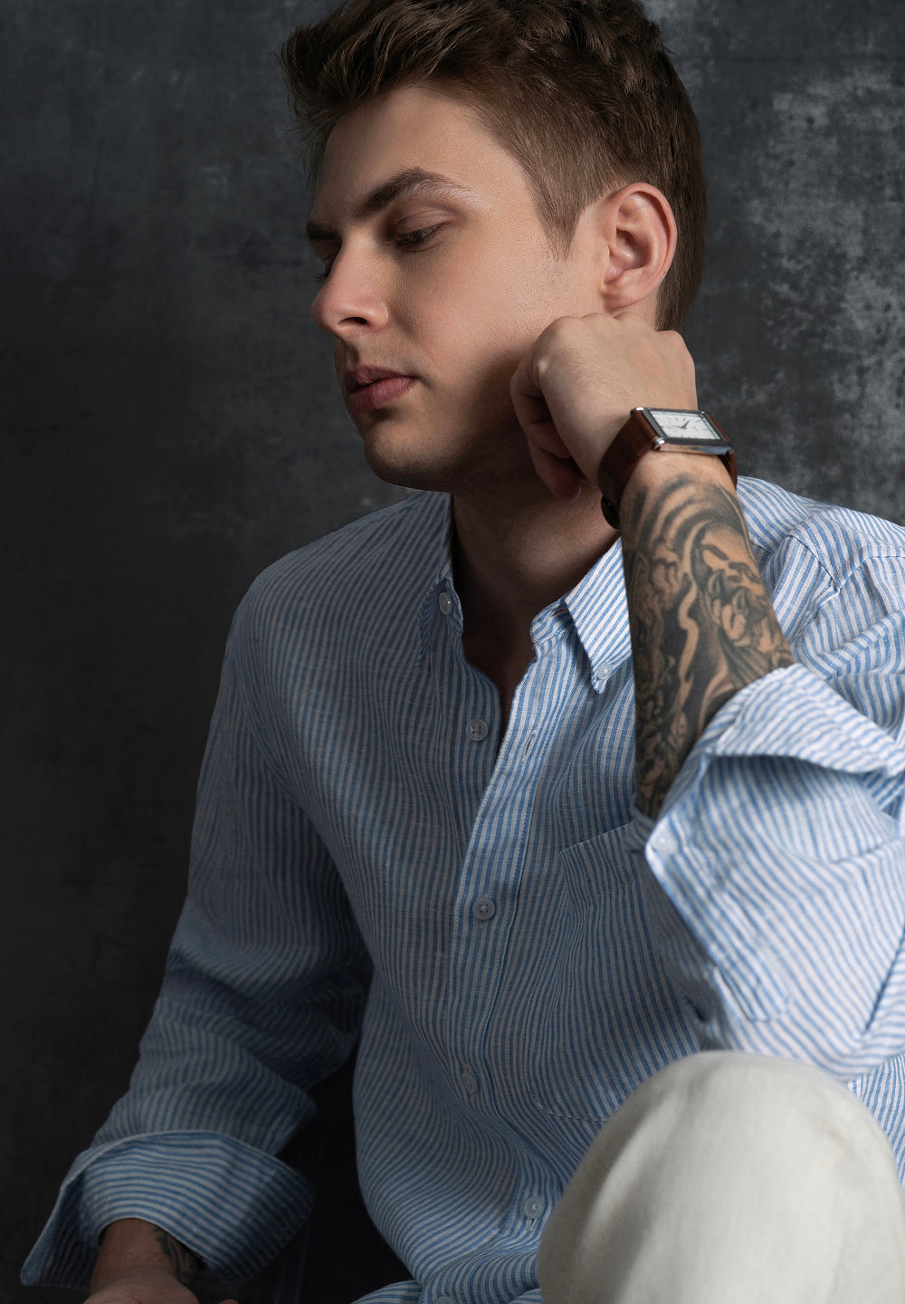 Blue 100% Pure Linen Stripe Shirt